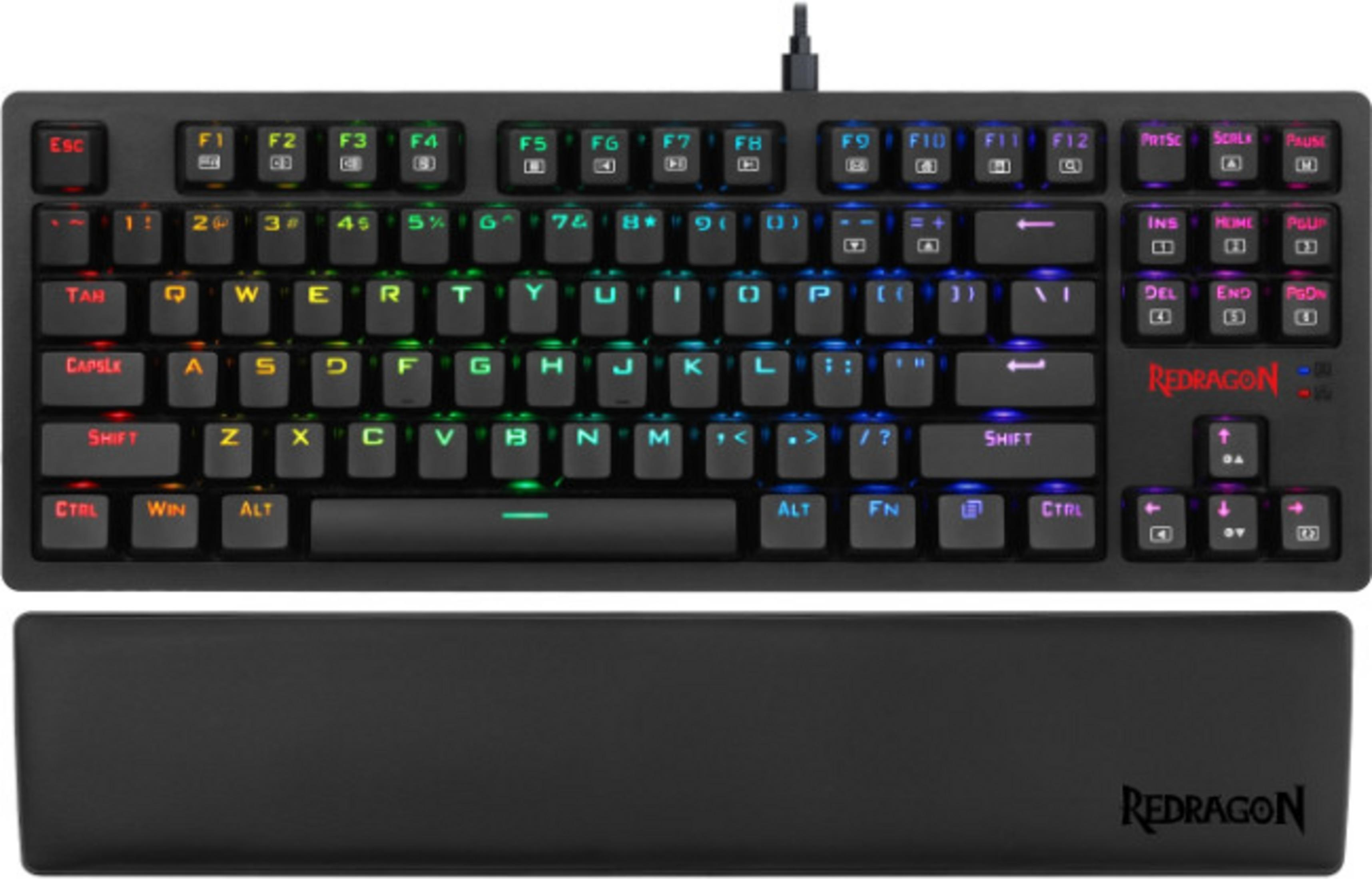 Czarna klawiatura mechaniczna z podświetleniem RGB i podpórką na nadgarstki.