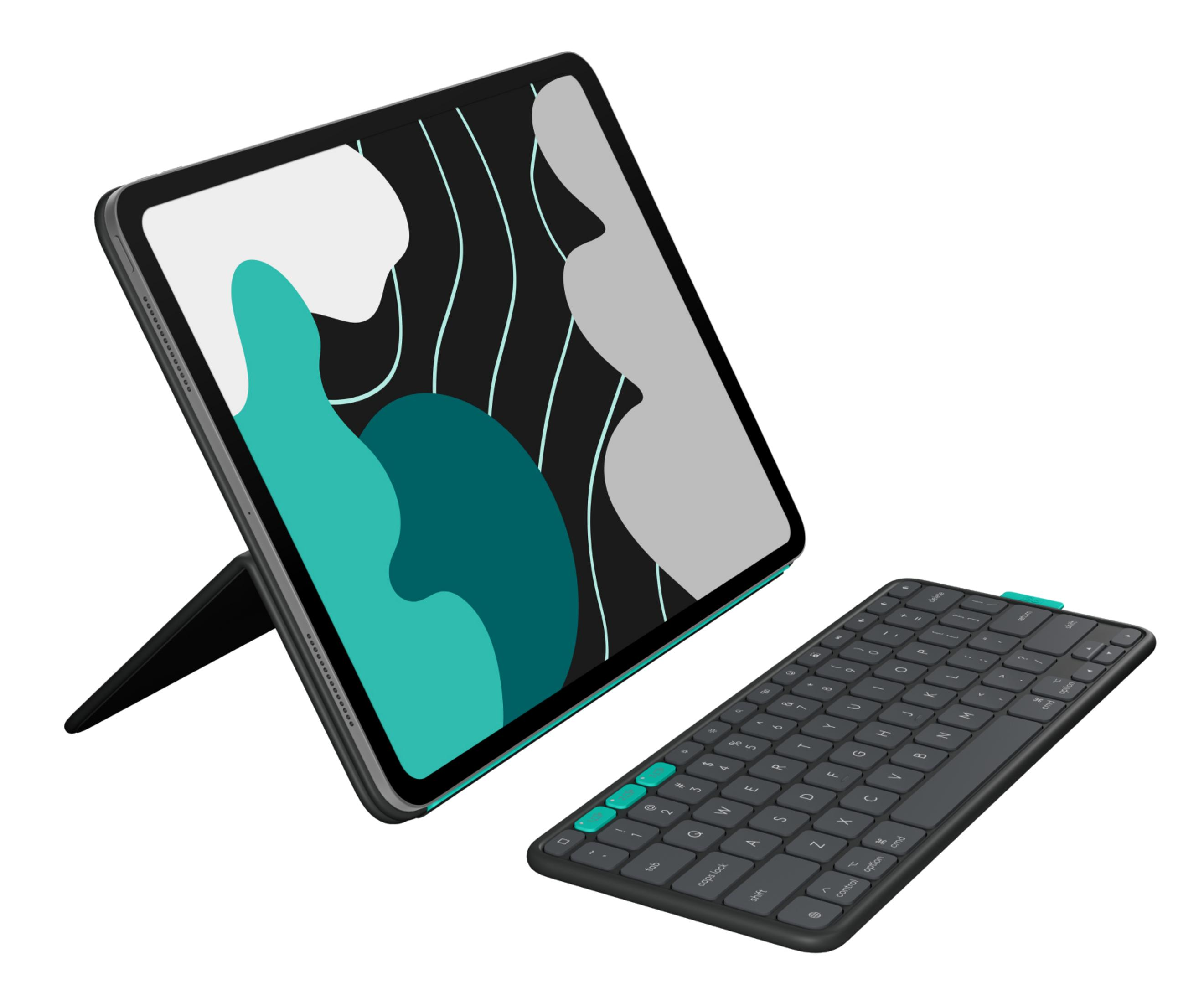 Un tablet con supporto e tastiera staccata, su sfondo bianco.