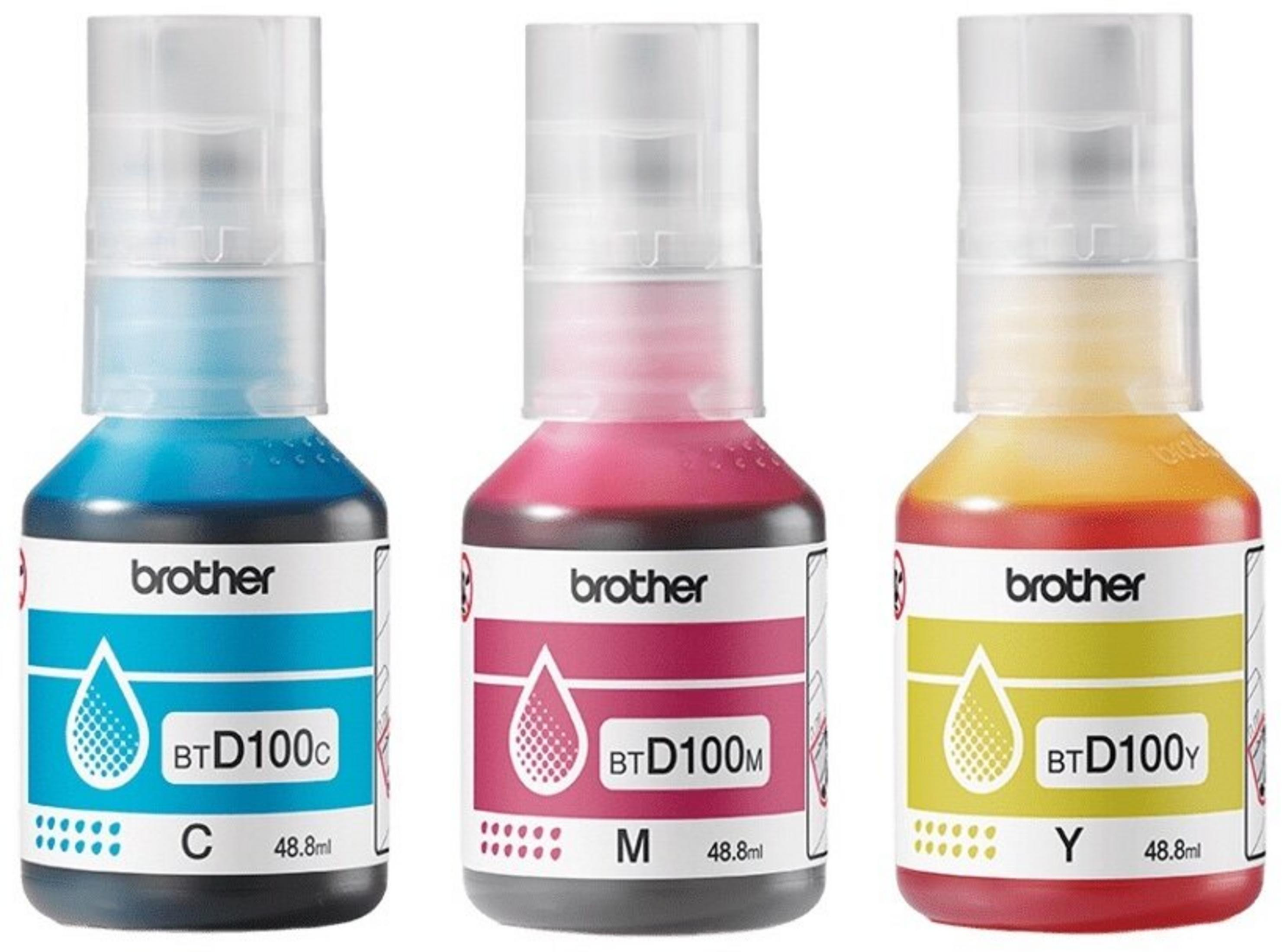 Tre flaconi d'inchiostro Brother: blu (C), rosa (M) e giallo (Y).