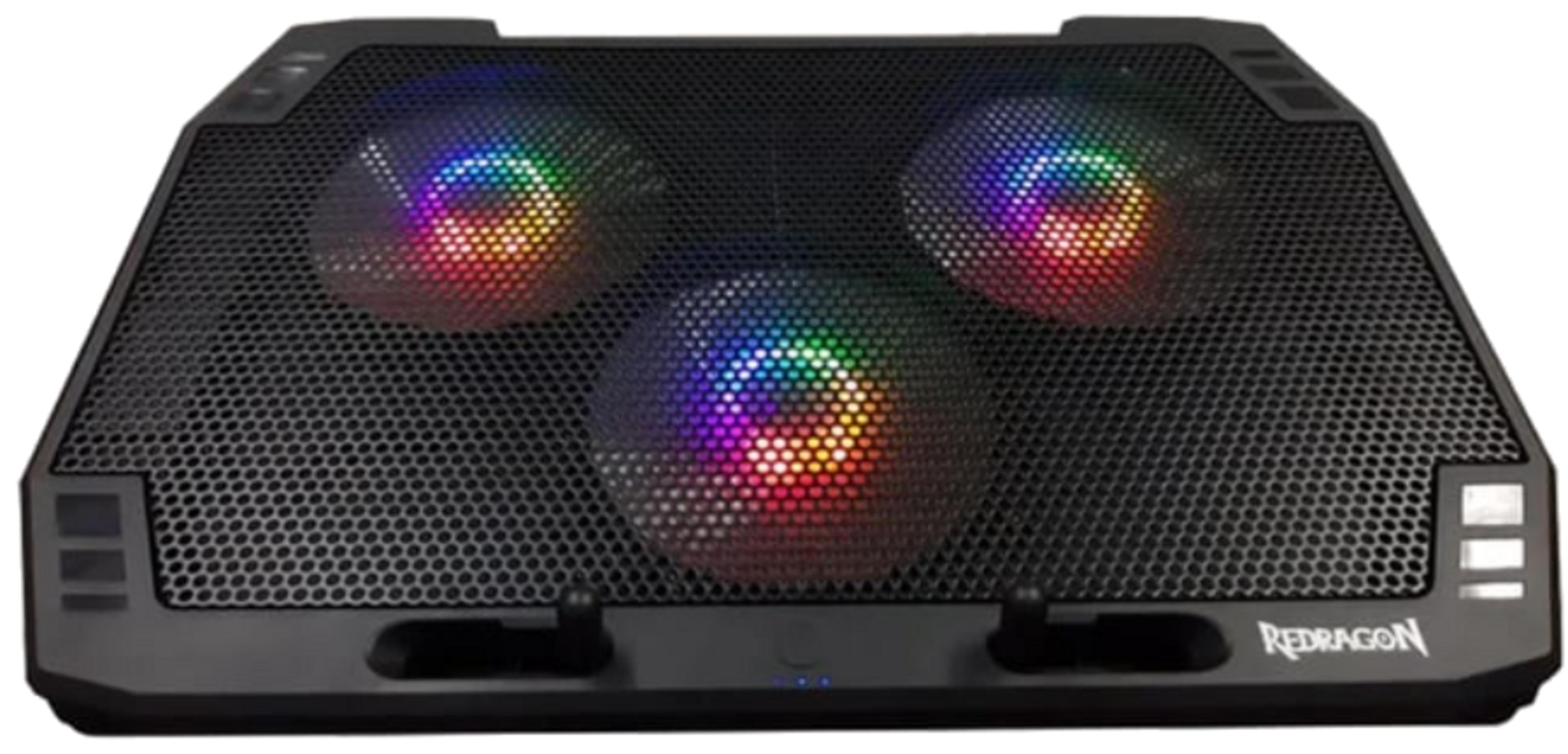 Una base di raffreddamento nera per laptop con tre ventole illuminate e logo Redragon.