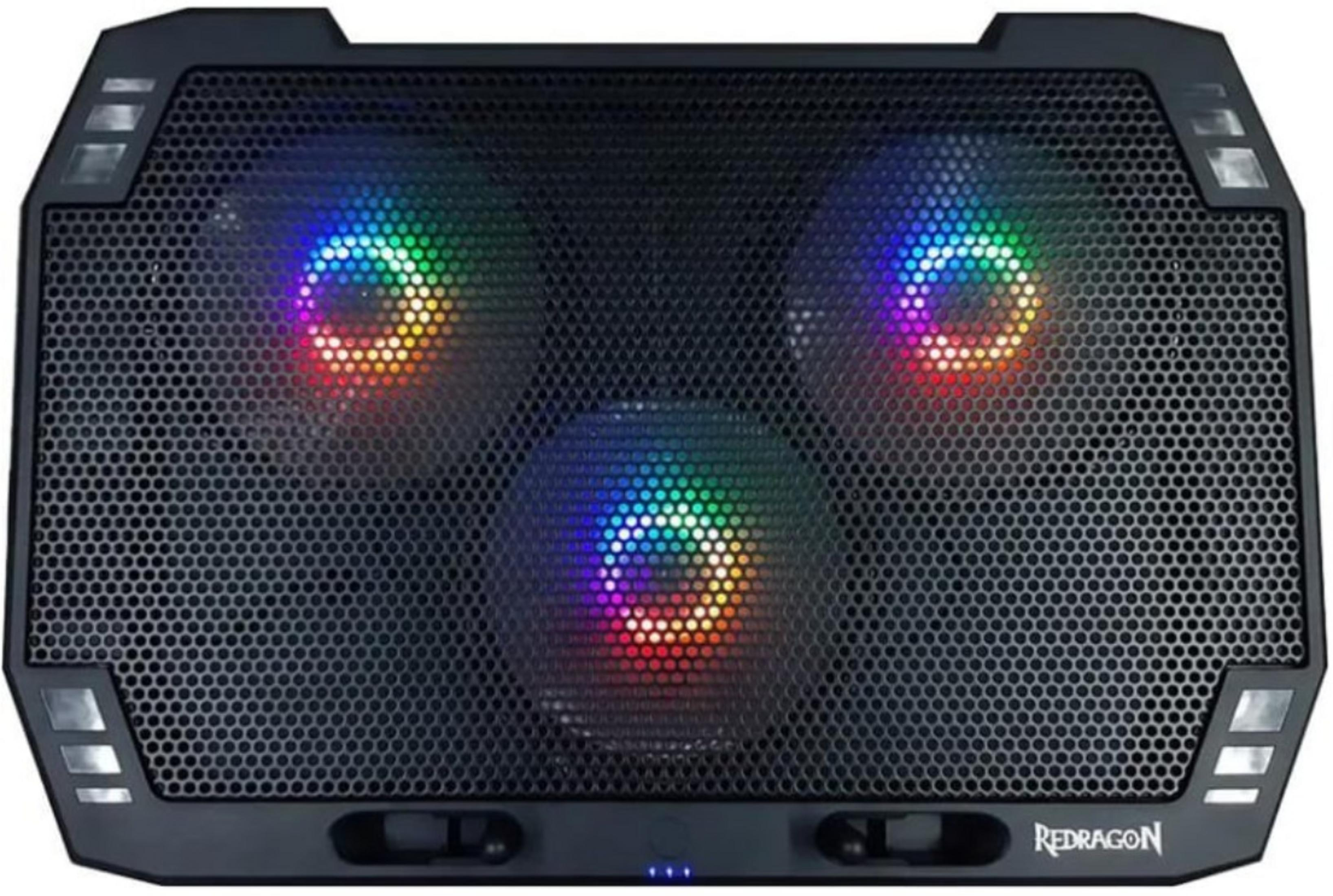 Raffreddatore per laptop nero con tre ventole RGB colorate e superficie a rete.