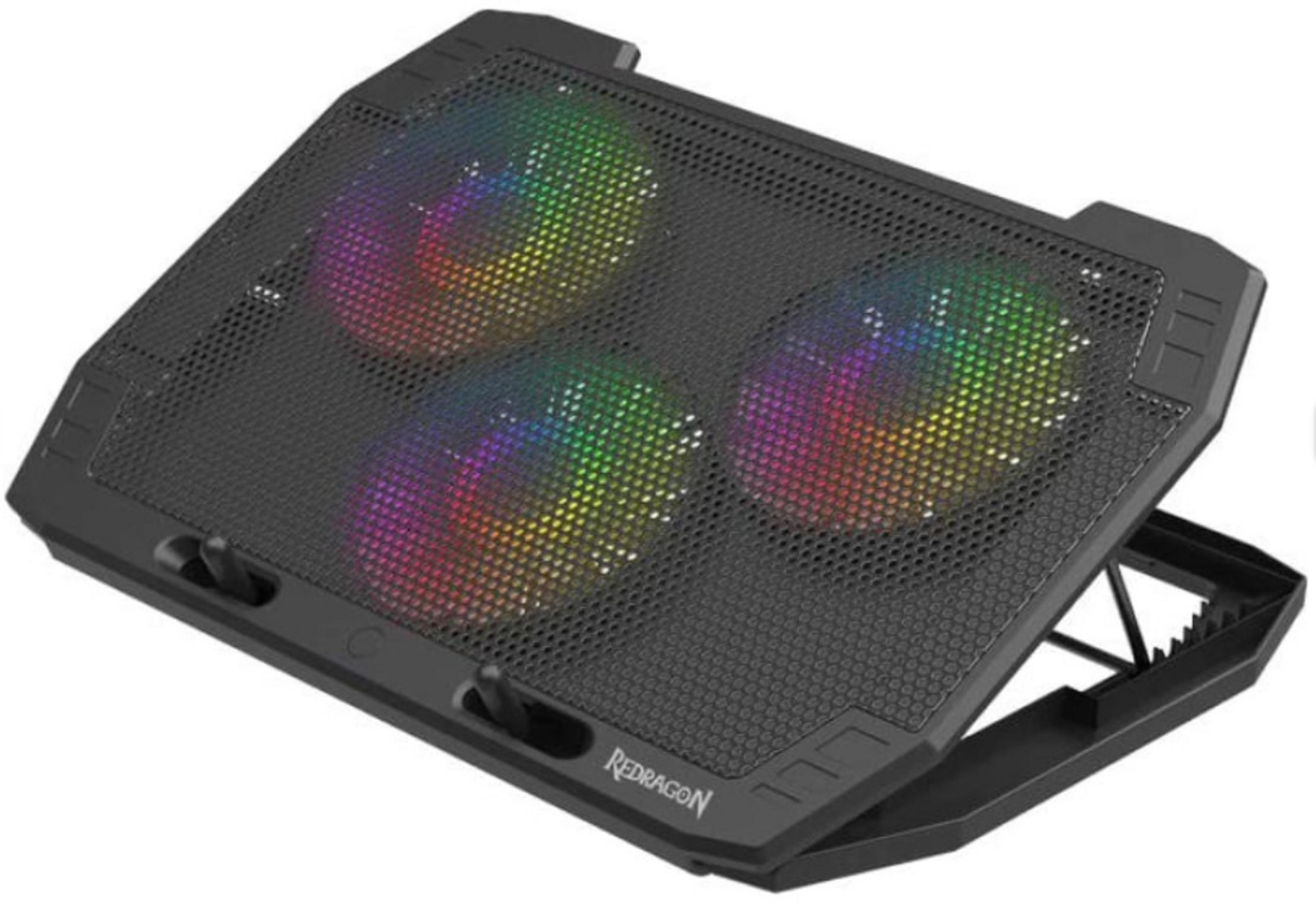 Supporto di raffreddamento nero per laptop con tre ventole RGB.
