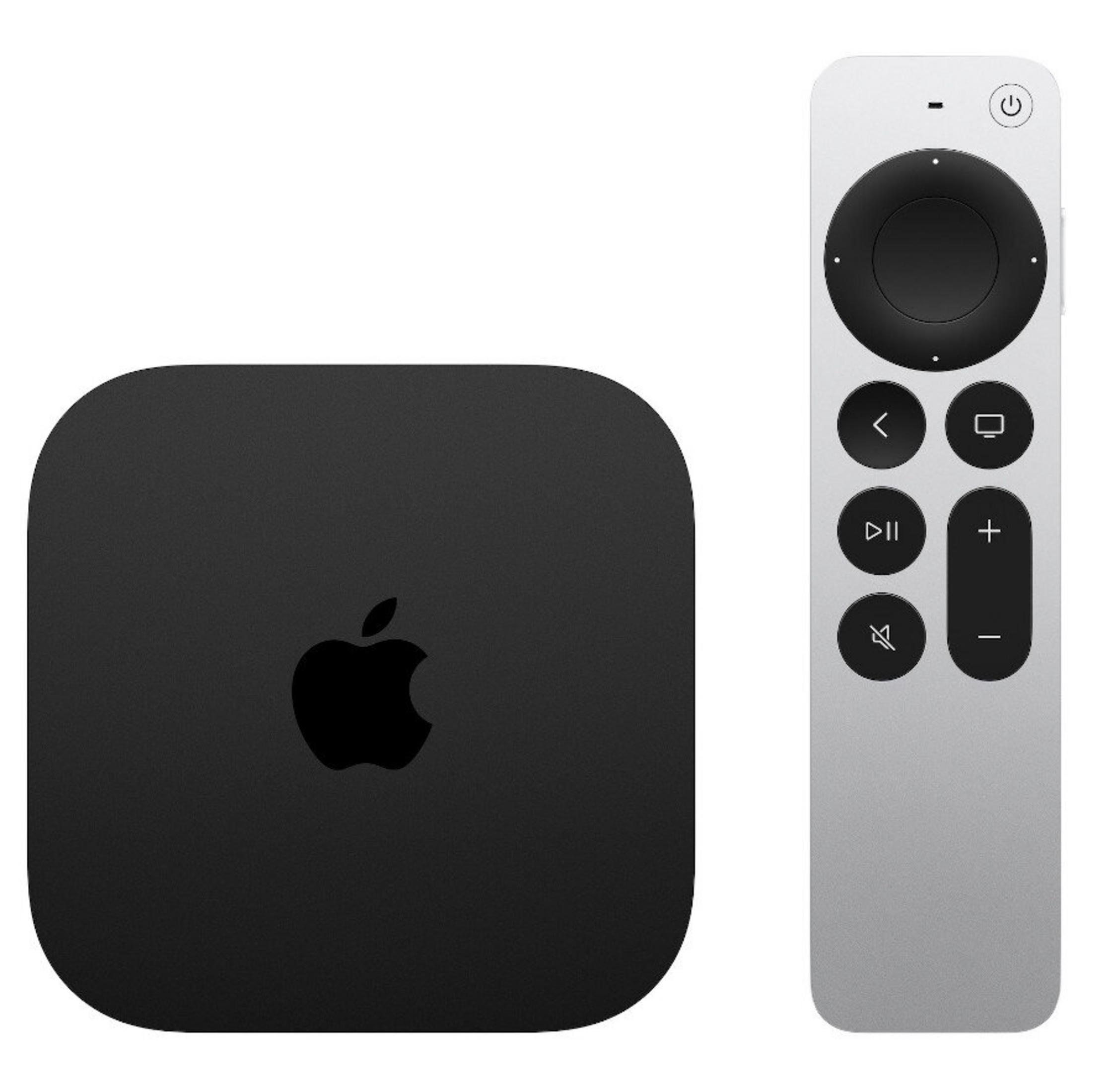 Apple TV nero con telecomando argento, su sfondo bianco.