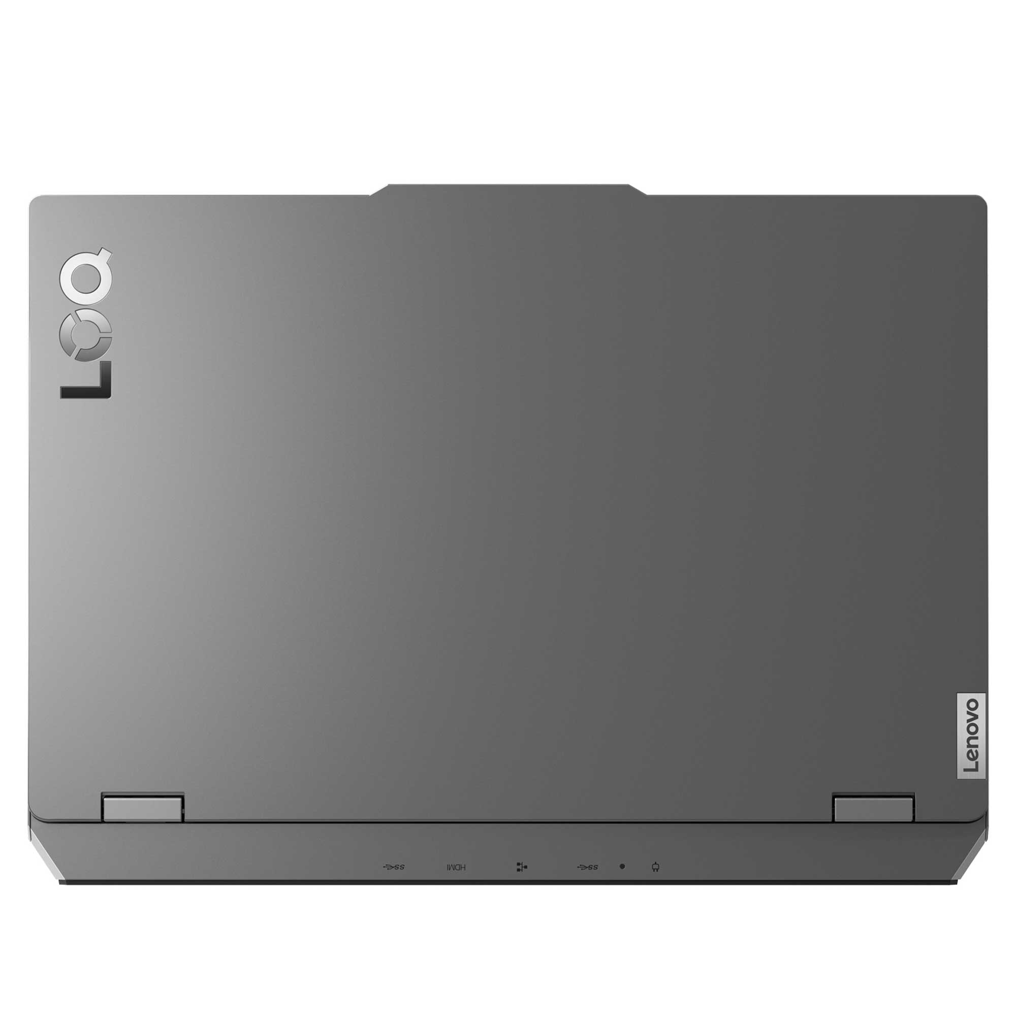 LOQ logosu ve Lenovo markası taşıyan gri dizüstü bilgisayar. Bağlantı noktaları görünür.
