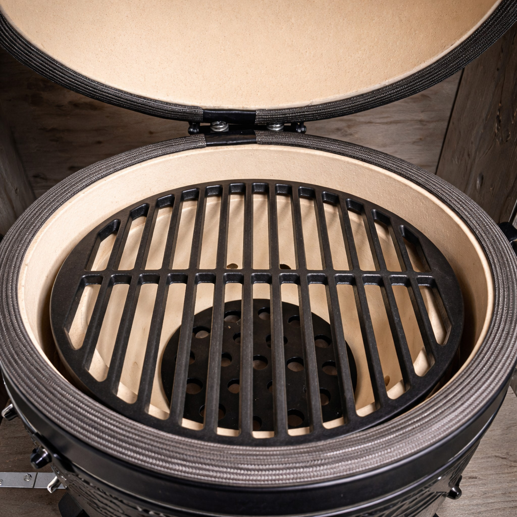 Een open grill met een zwart rooster binnenin dat op keramiek rust.