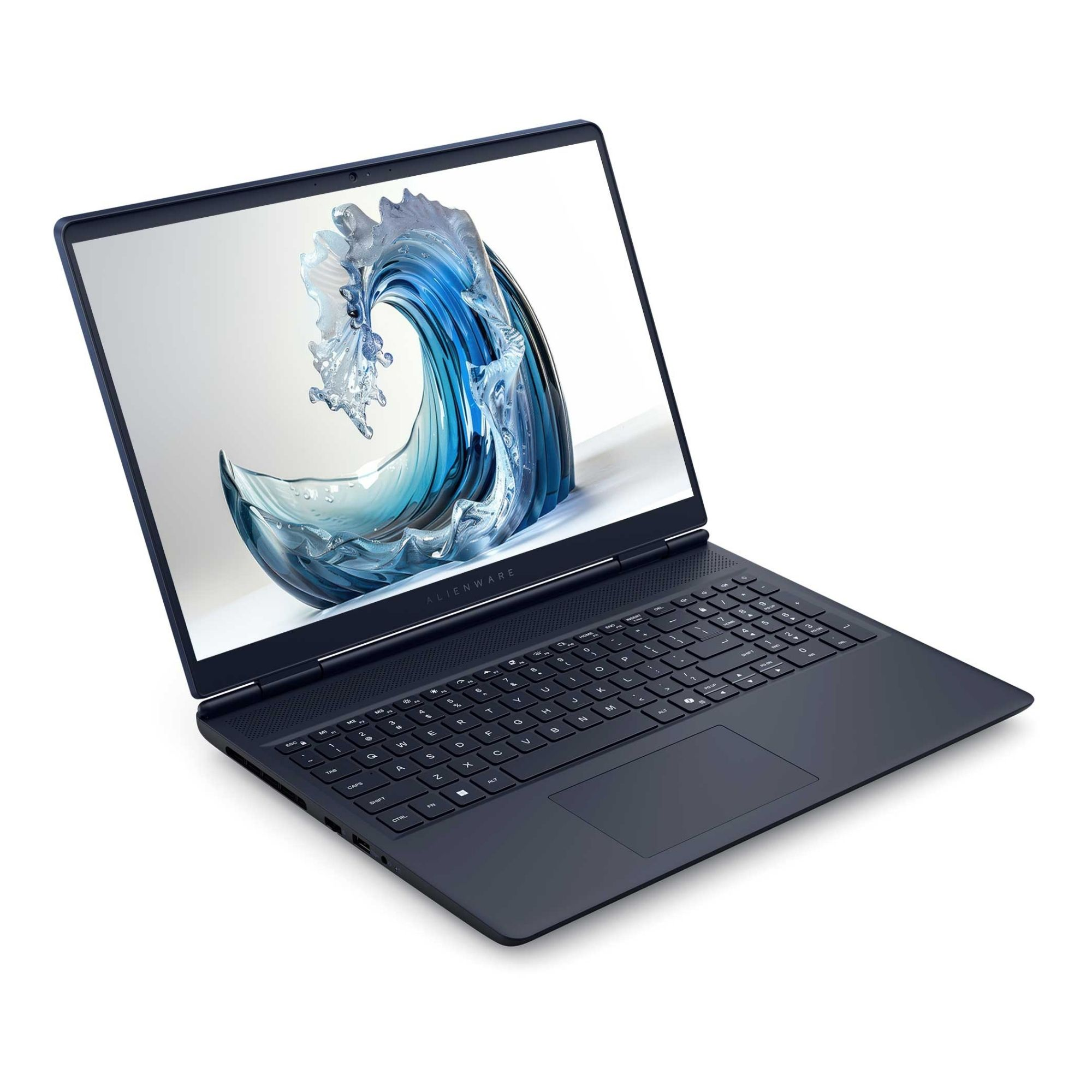 Ekranında su dalgası duvar kağıdı bulunan koyu renkli bir Alienware dizüstü bilgisayar.