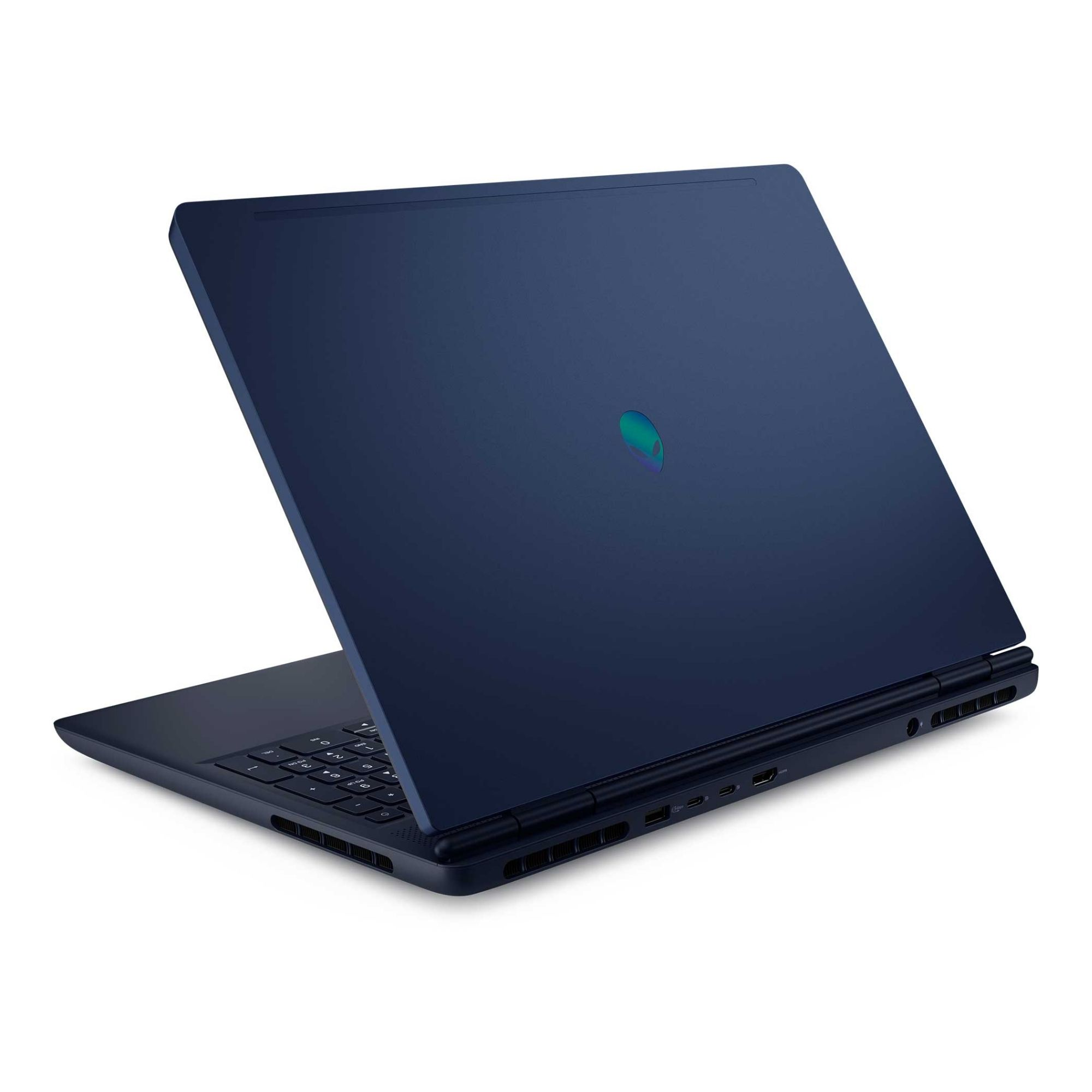 Kapaktaki Alienware logosu ve aydınlatmalı klavyeye sahip lacivert dizüstü bilgisayar.