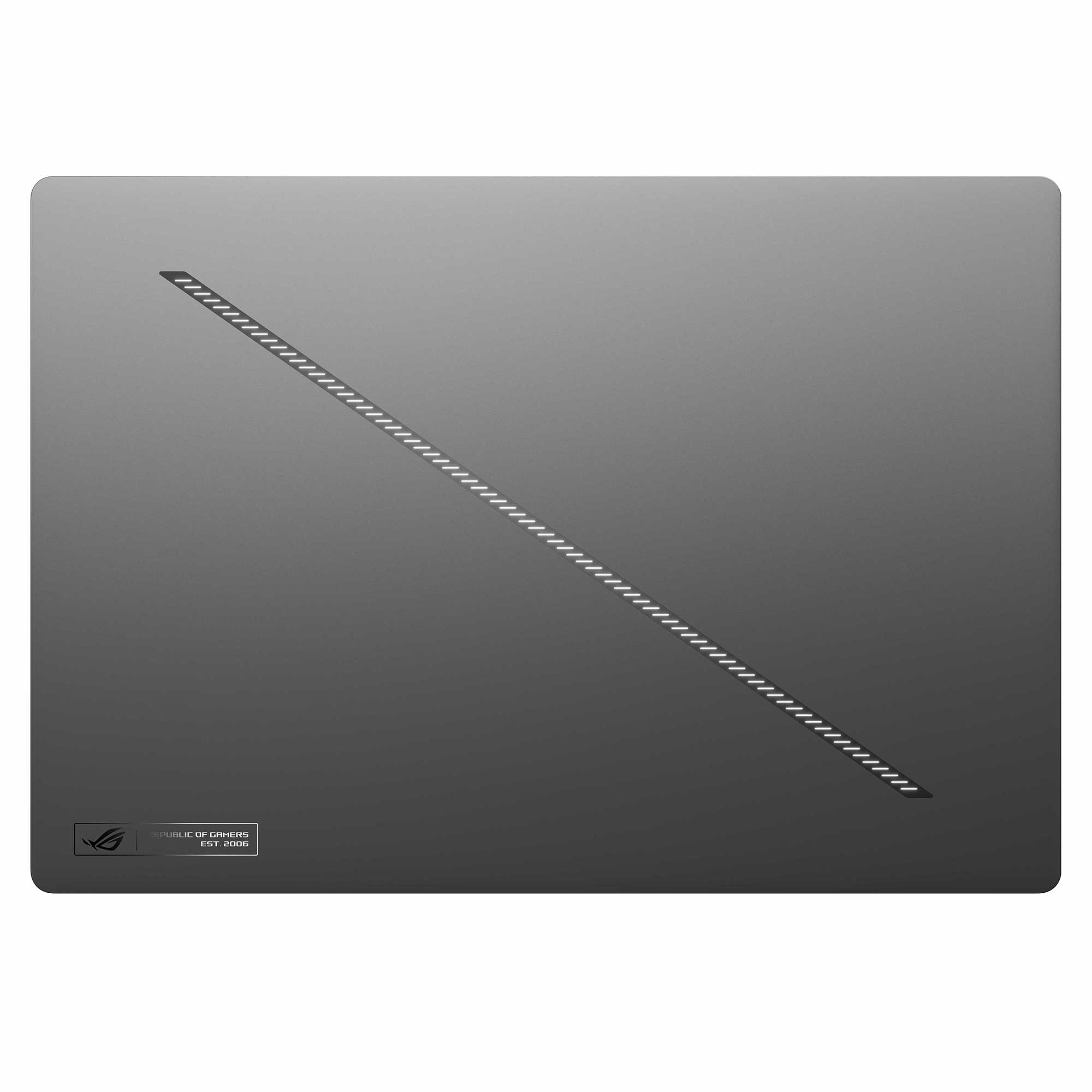 ROG logosu ve çizgili tasarıma sahip gri dizüstü kapağı.
