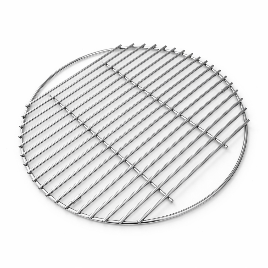 Round metal grill grate with parallel bars, on a white background.