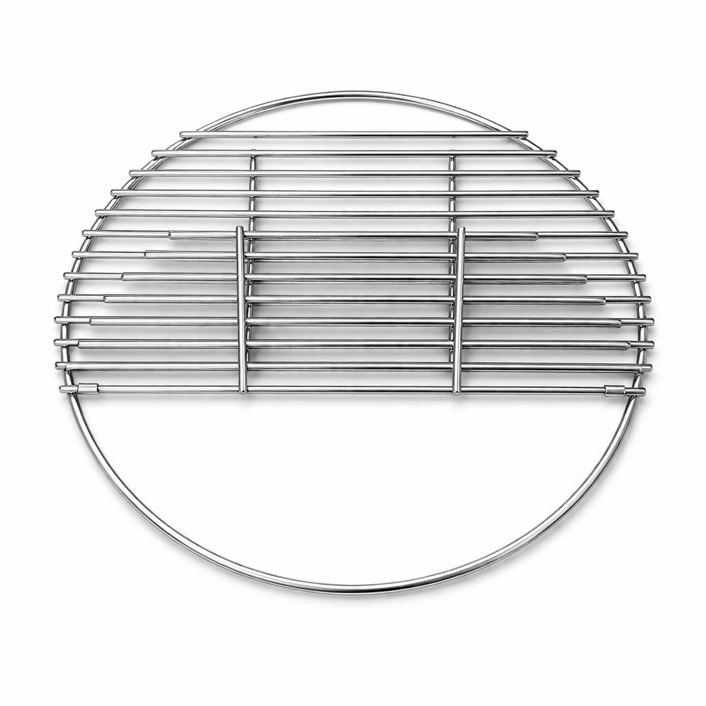 A round metal grill rack with parallel bars and a curved edge.