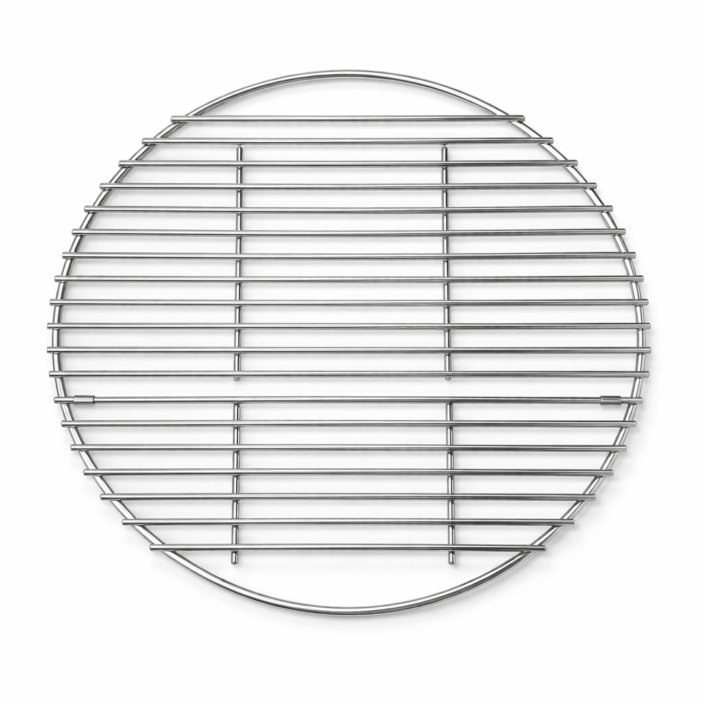 Round metal grill grate with horizontal and vertical bars.