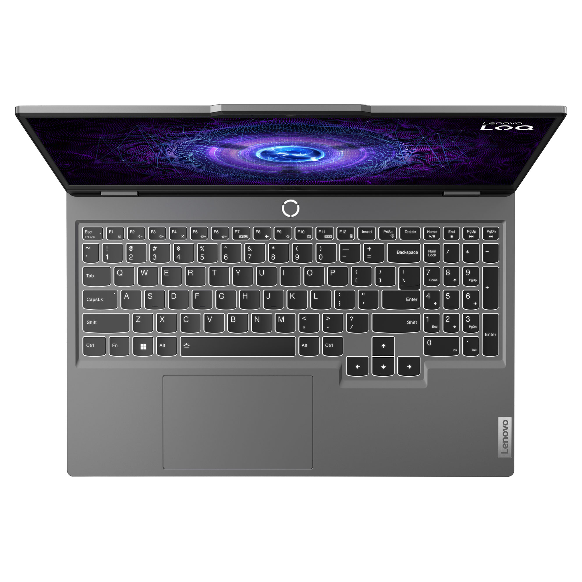 Aydınlatmalı klavyeli ve soyut ekran duvar kağıtlı gri Lenovo dizüstü bilgisayar.