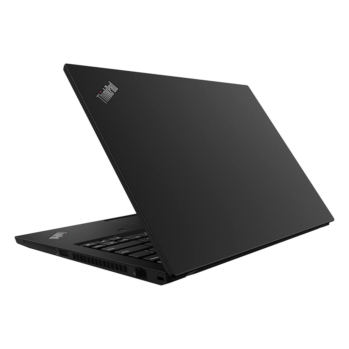 Czarny laptop z otwartą pokrywą, widoczna klawiatura, logo ThinkPad w lewym górnym rogu.