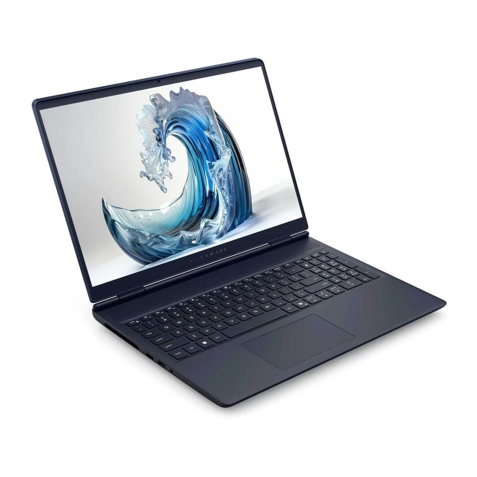 Arkadan aydınlatmalı klavyeli ve dinamik mavi dalga duvar kağıtlı koyu laptop.