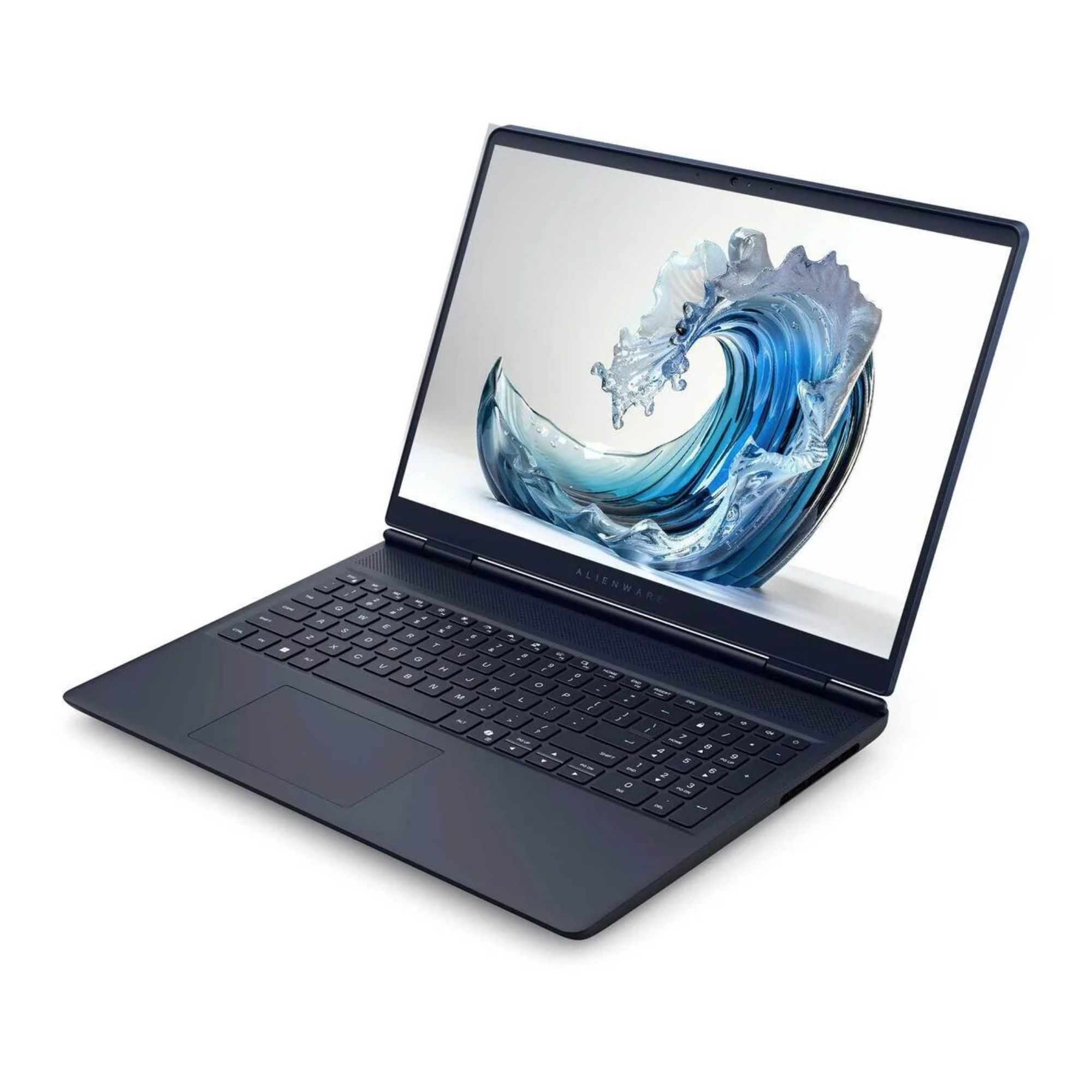 Ekranında dalga deseni gösteren kapalı, koyu mavi bir Alienware dizüstü bilgisayar.