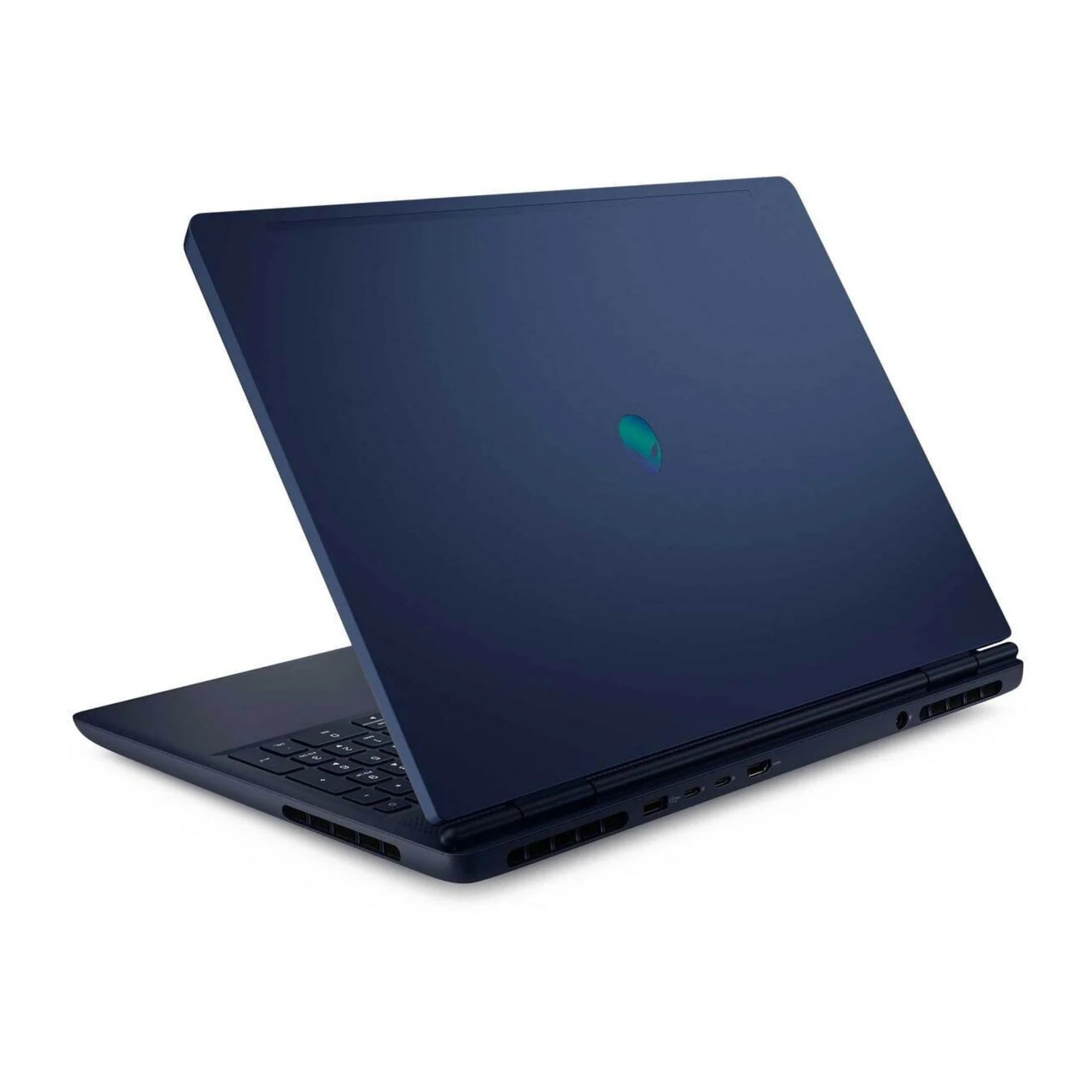 Koyu mavi dizüstü bilgisayarın kapağında aydınlatmalı Alienware logosu.