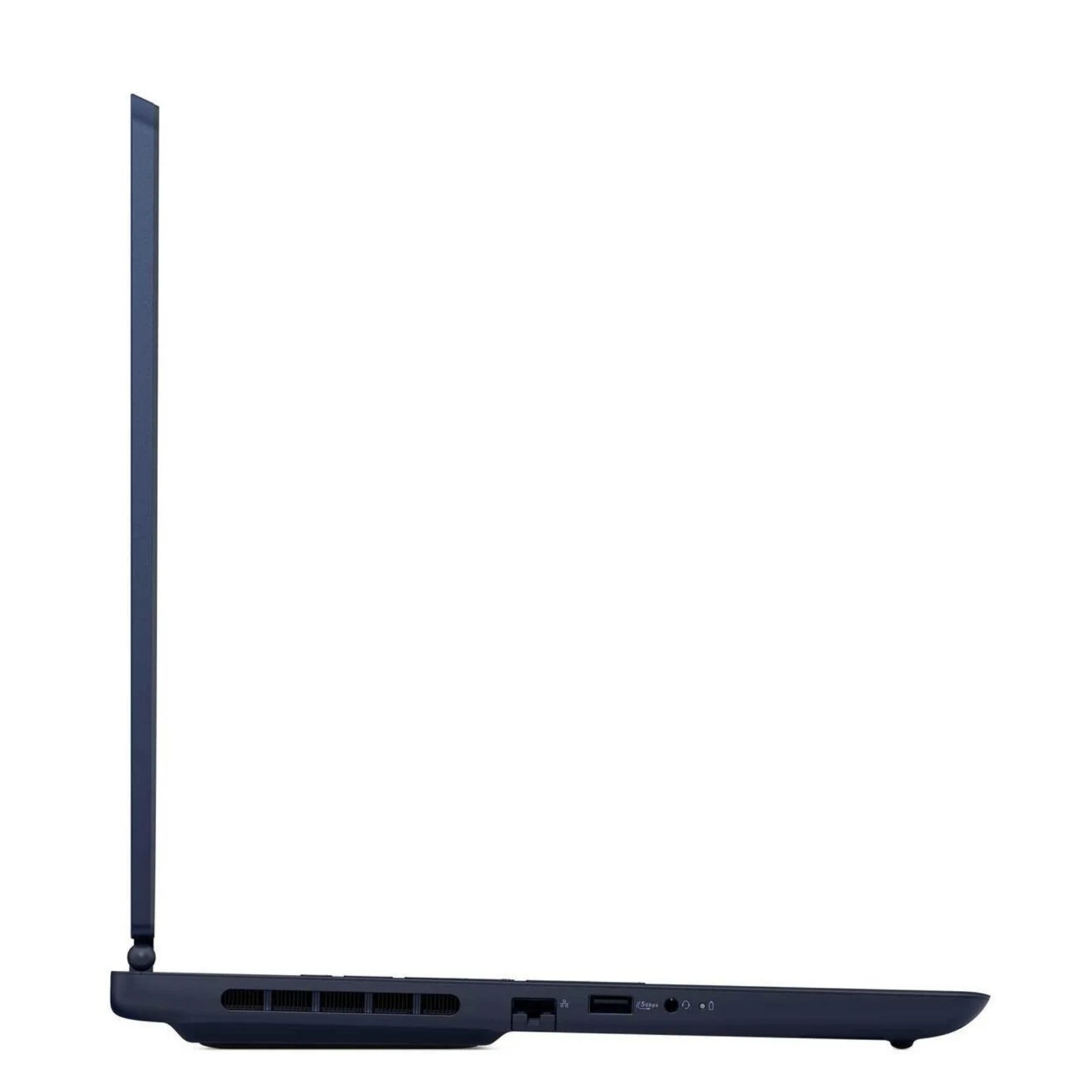 Portlar ve havalandırma delikleri gösteren lacivert laptop profili.