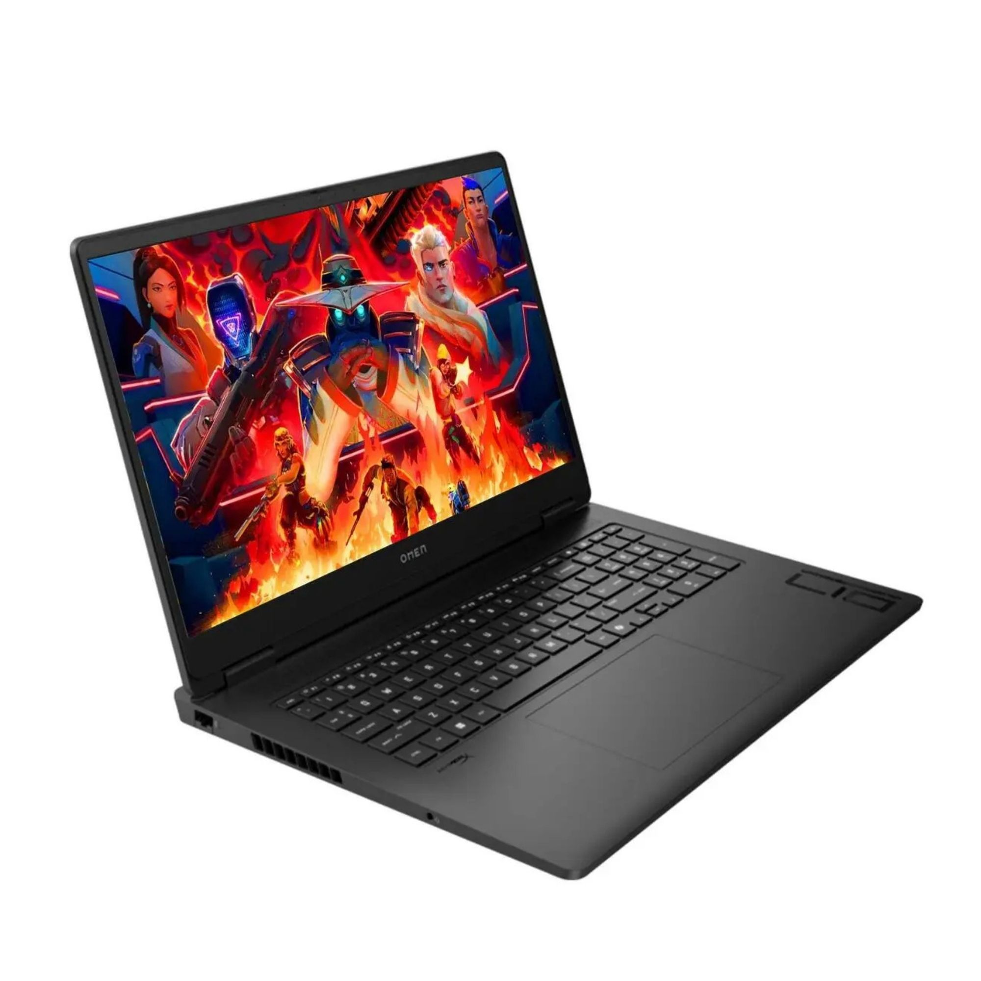 Alevler ve patlamalar içindeki karakterlerin oyunu gösteren siyah laptop.