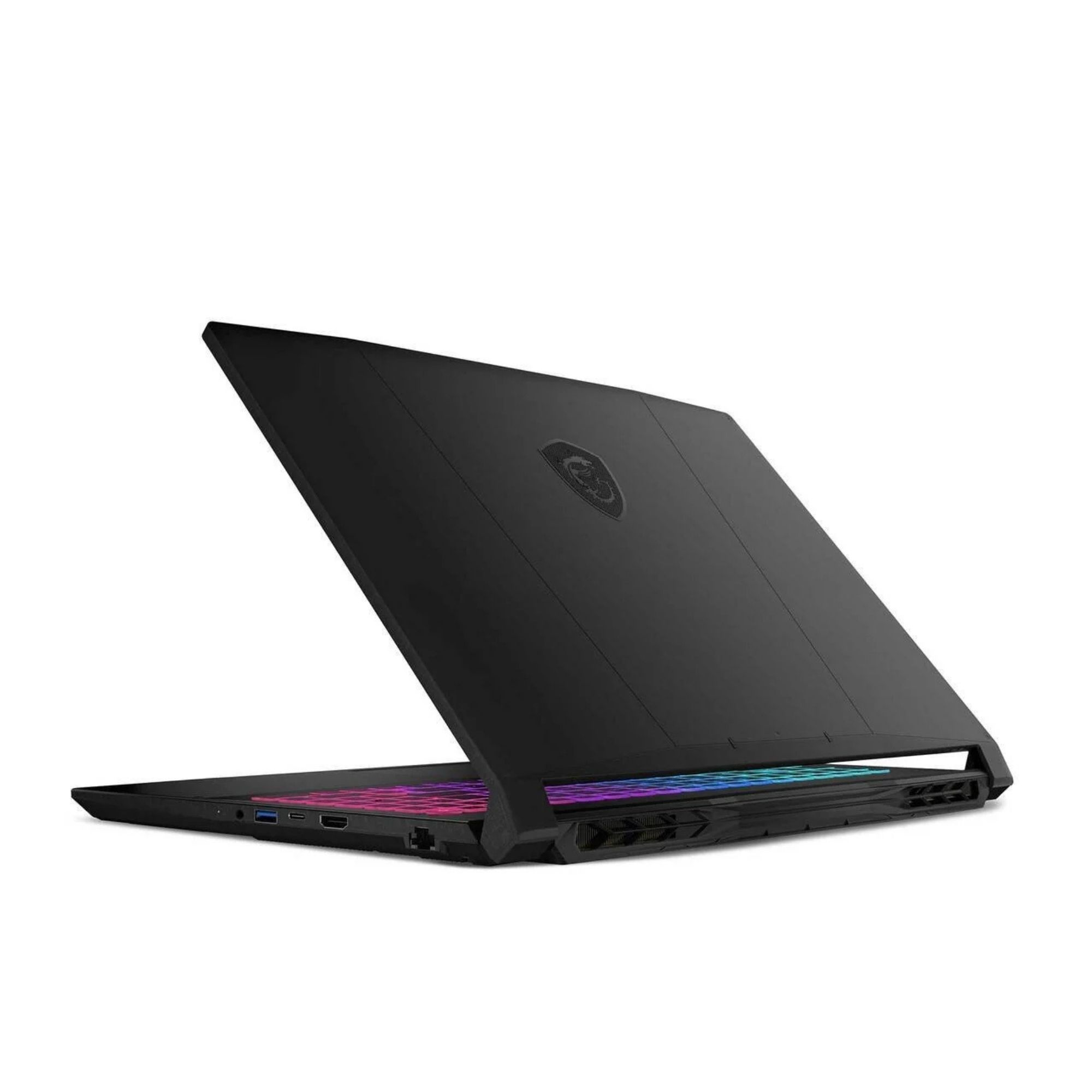 RGB klavyeli siyah dizüstü bilgisayar, açık, beyaz zeminde.