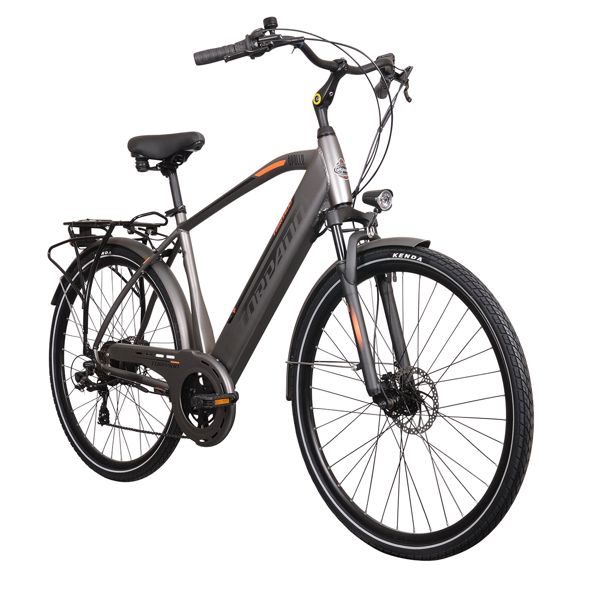 Szary rower elektryczny z bagażnikiem, światłem i hamulcami tarczowymi.