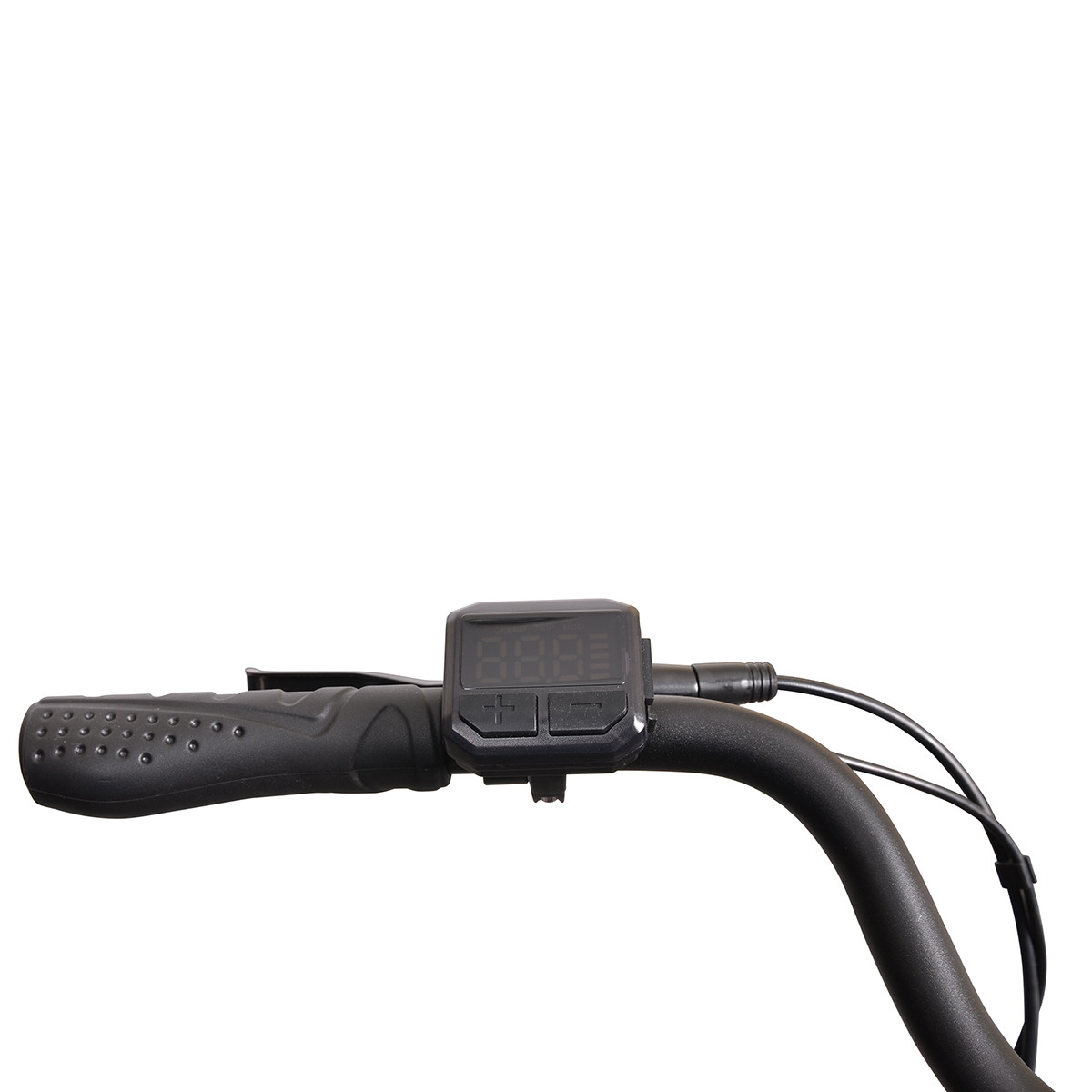 Czarna kierownica z wyświetlaczem i chwytem.