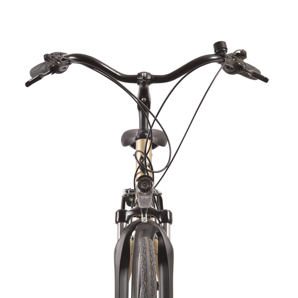 Widok z przodu złotego roweru z czarną kierownicą, światłem i oponą.