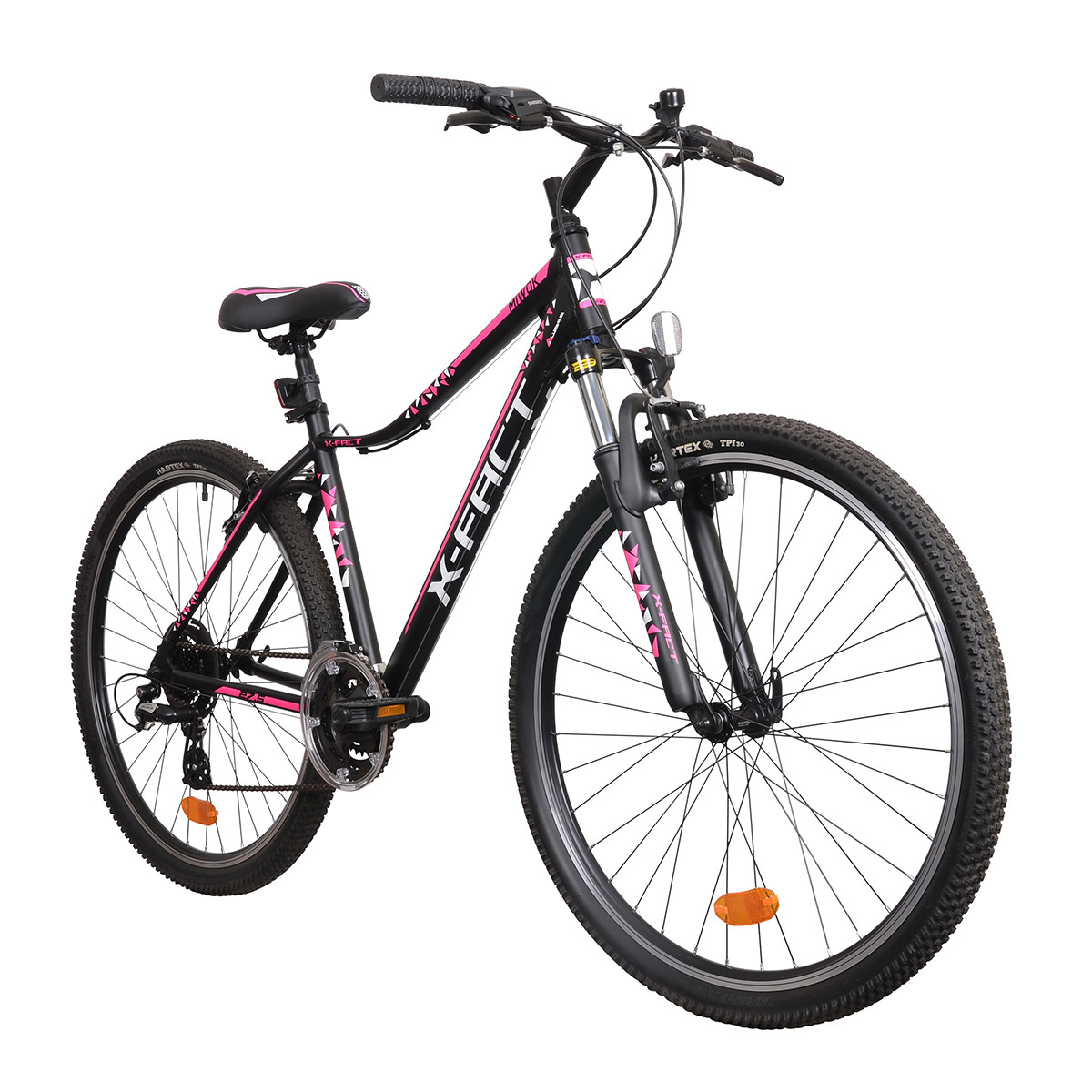 Czarny rower damski z różowymi akcentami, napęd na przednie koło, białe tło.