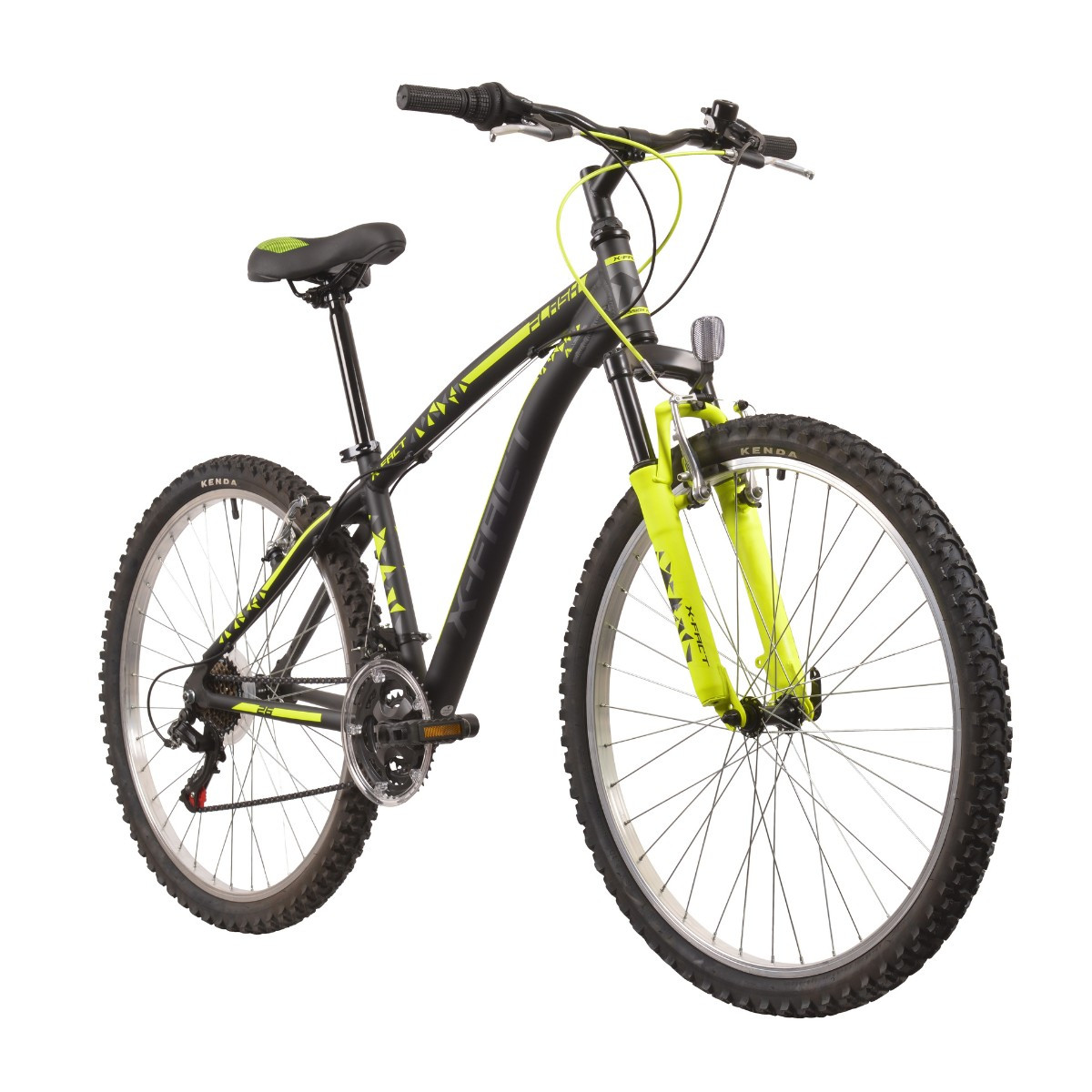 Czarny rower górski z neonowo-żółtymi akcentami, białymi obręczami i czarnym siodełkiem.