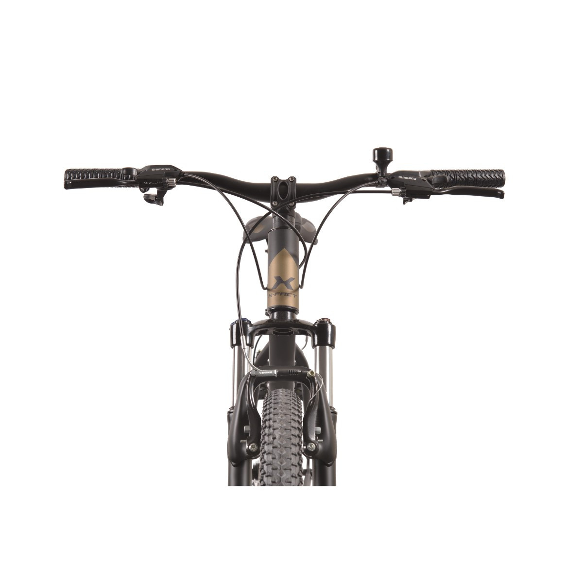 Widok z przodu czarnego roweru górskiego ze złotym widelcem i oponą.