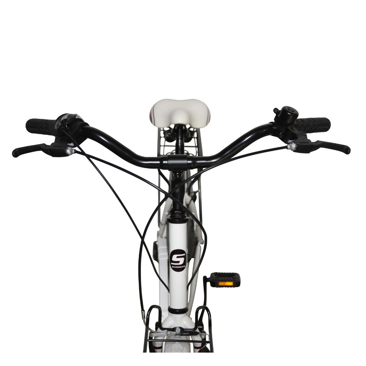 Widok z przodu białego roweru z czarną kierownicą, białym siodełkiem i pedałami.