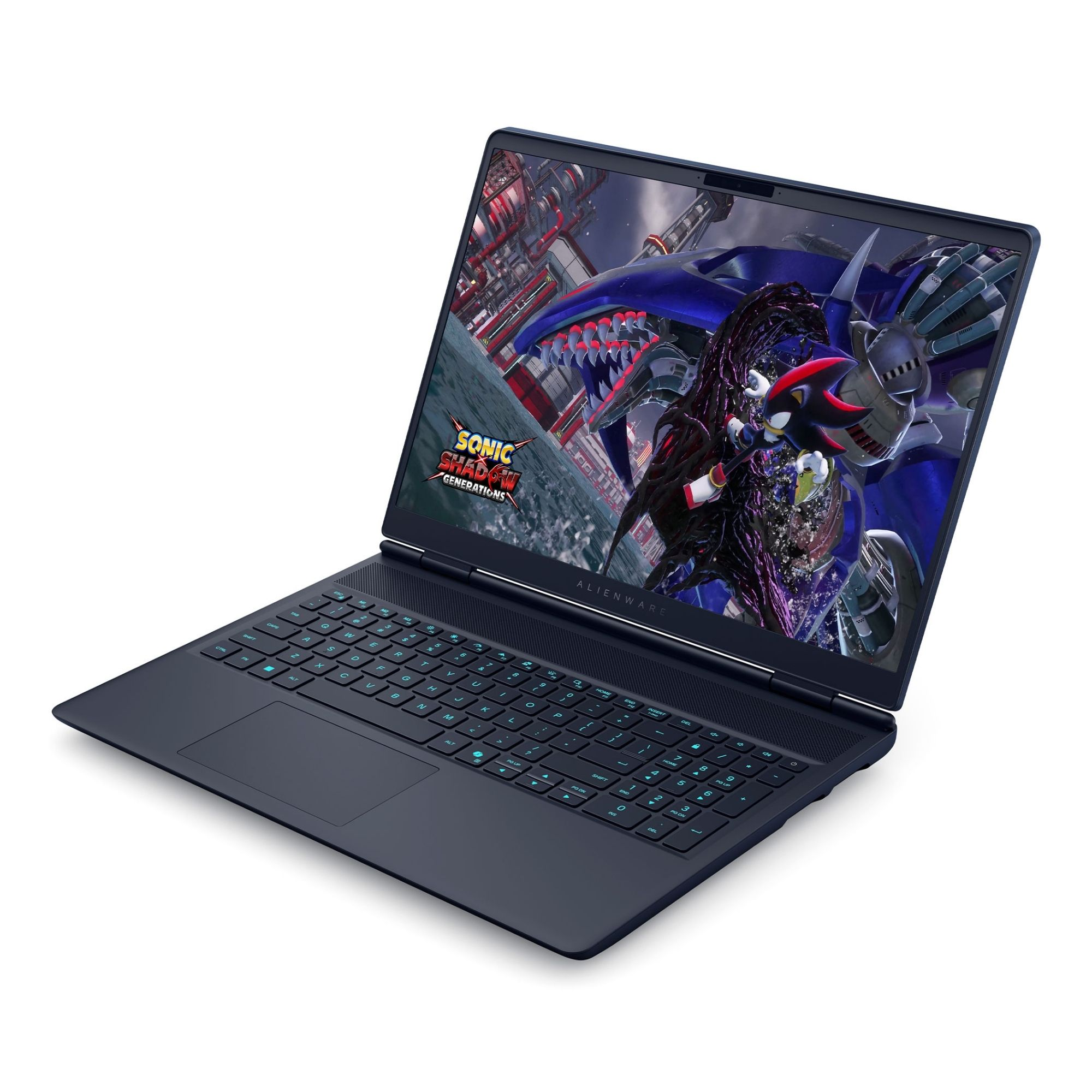 Alienware dizüstü bilgisayar, Shadow the Hedgehog ve devasa bir yaratık içeren bir video oyunu gösteriyor.
