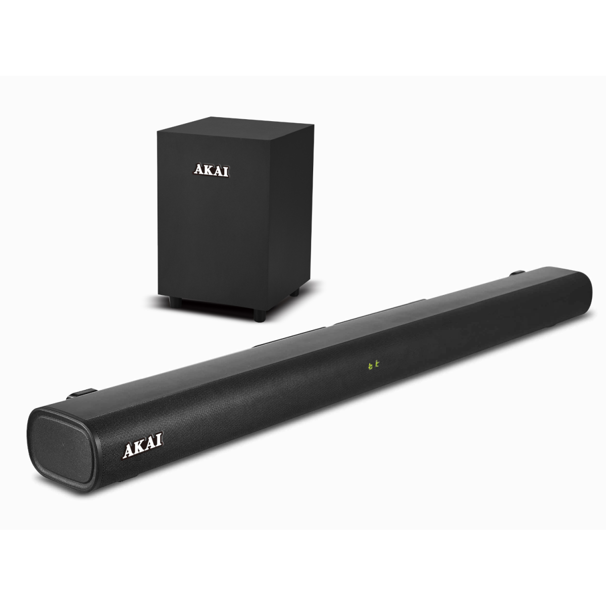Czarny subwoofer i soundbar z logo AKAI na białym tle.