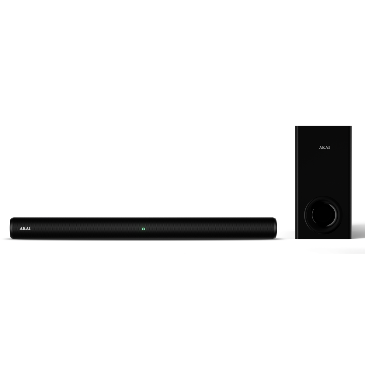 Czarna soundbar i subwoofer AKAI na białym tle.