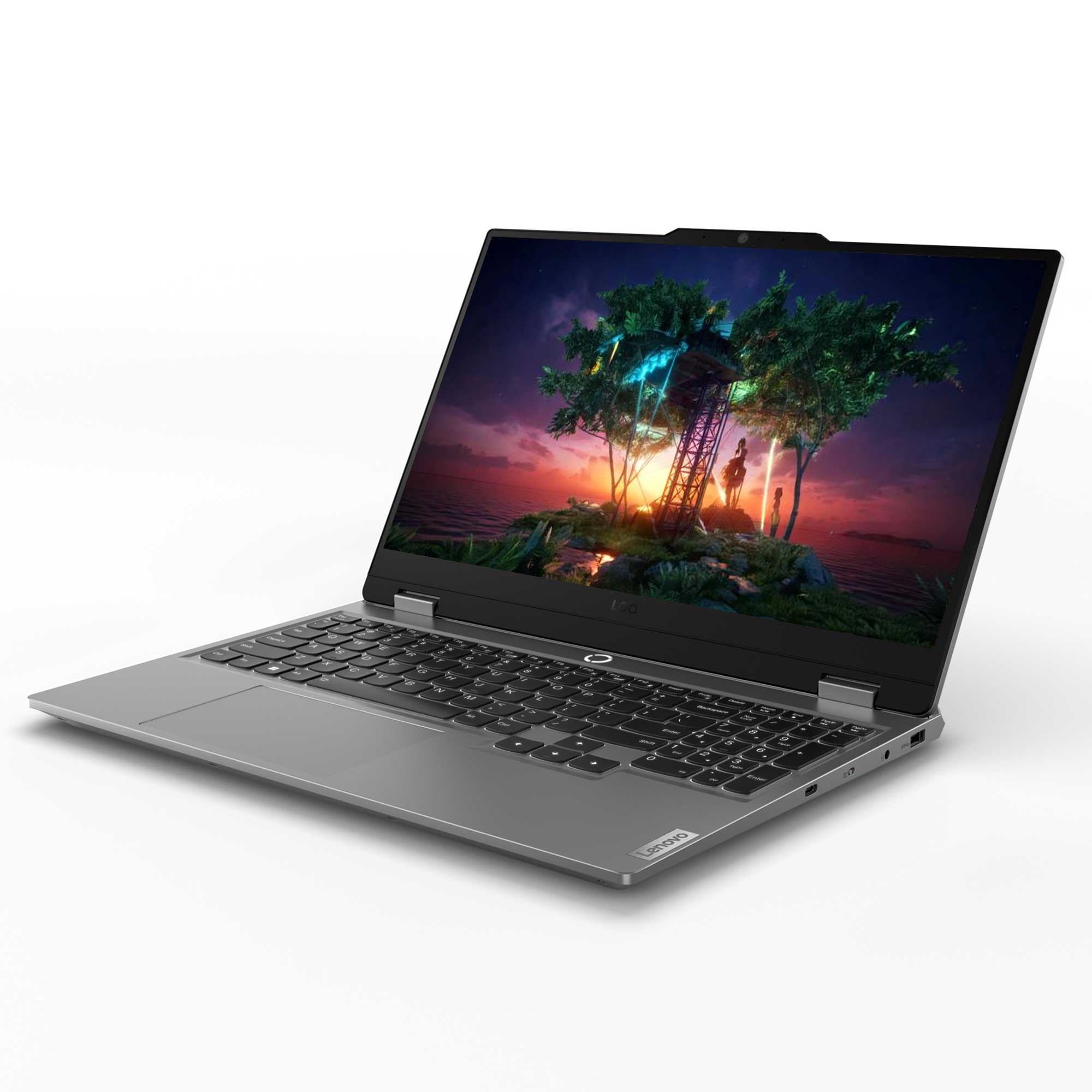 Açık ekranlı gri Lenovo dizüstü bilgisayar, fantastik bir sahne gösteriyor.