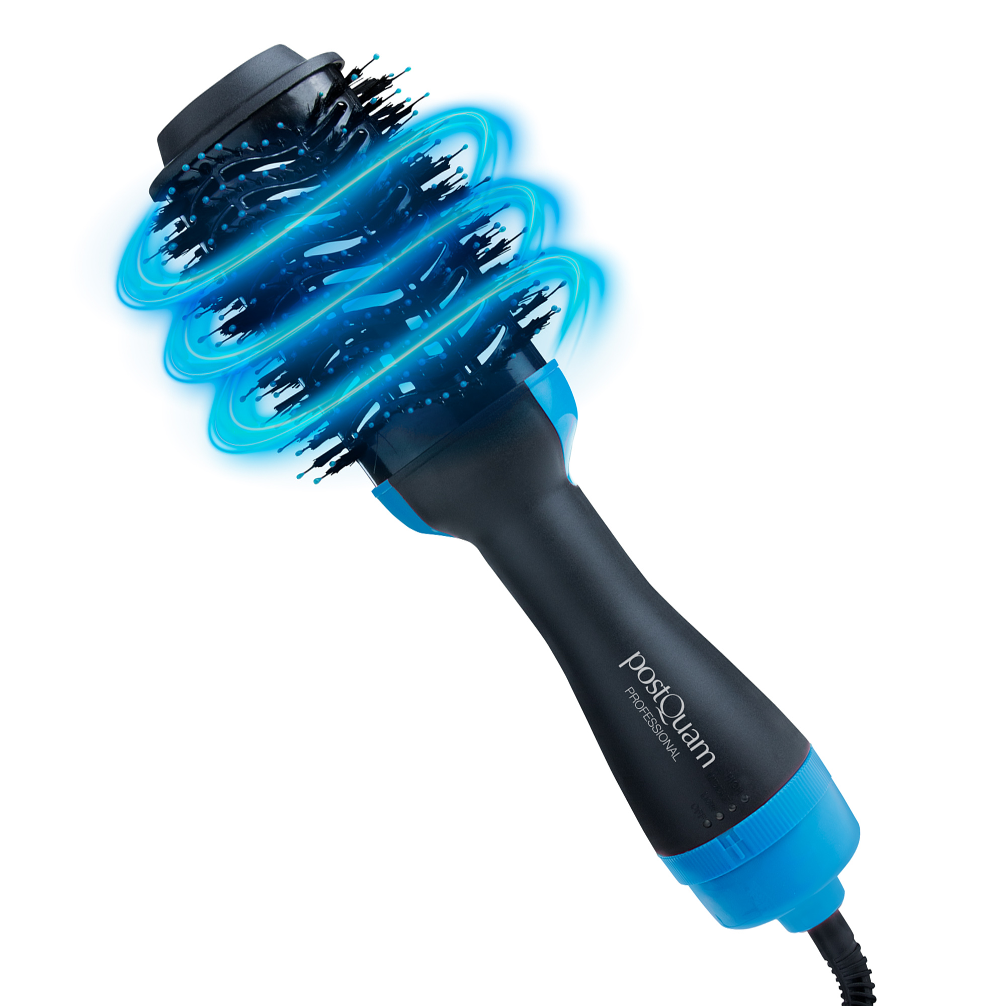 Czarna suszarka do włosów z niebieskimi akcentami i świecącymi niebieskimi pierścieniami.