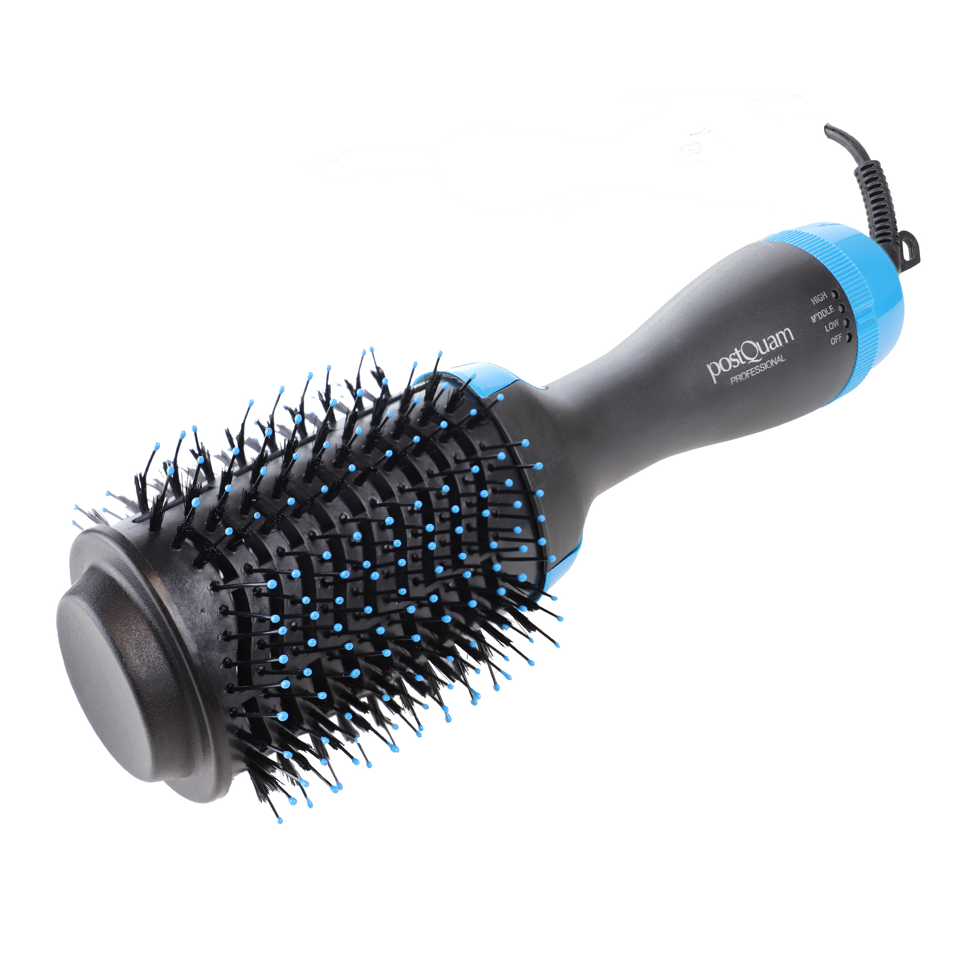 Czarno-niebieska szczotka do suszenia włosów z włosiem i niebieskimi końcówkami.