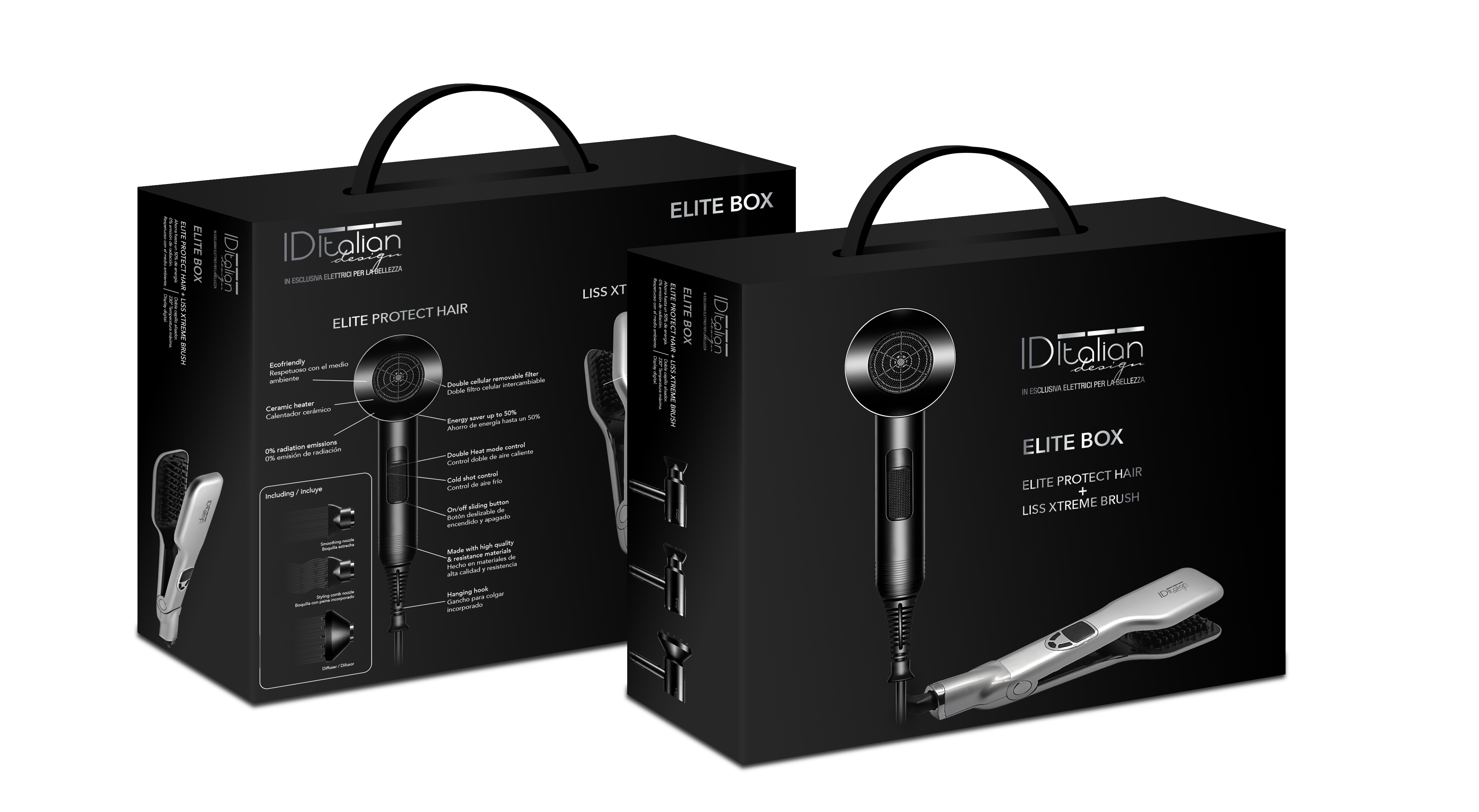 Dwa czarne pudełka z produktami do pielęgnacji włosów: suszarka i szczotka prostująca.
