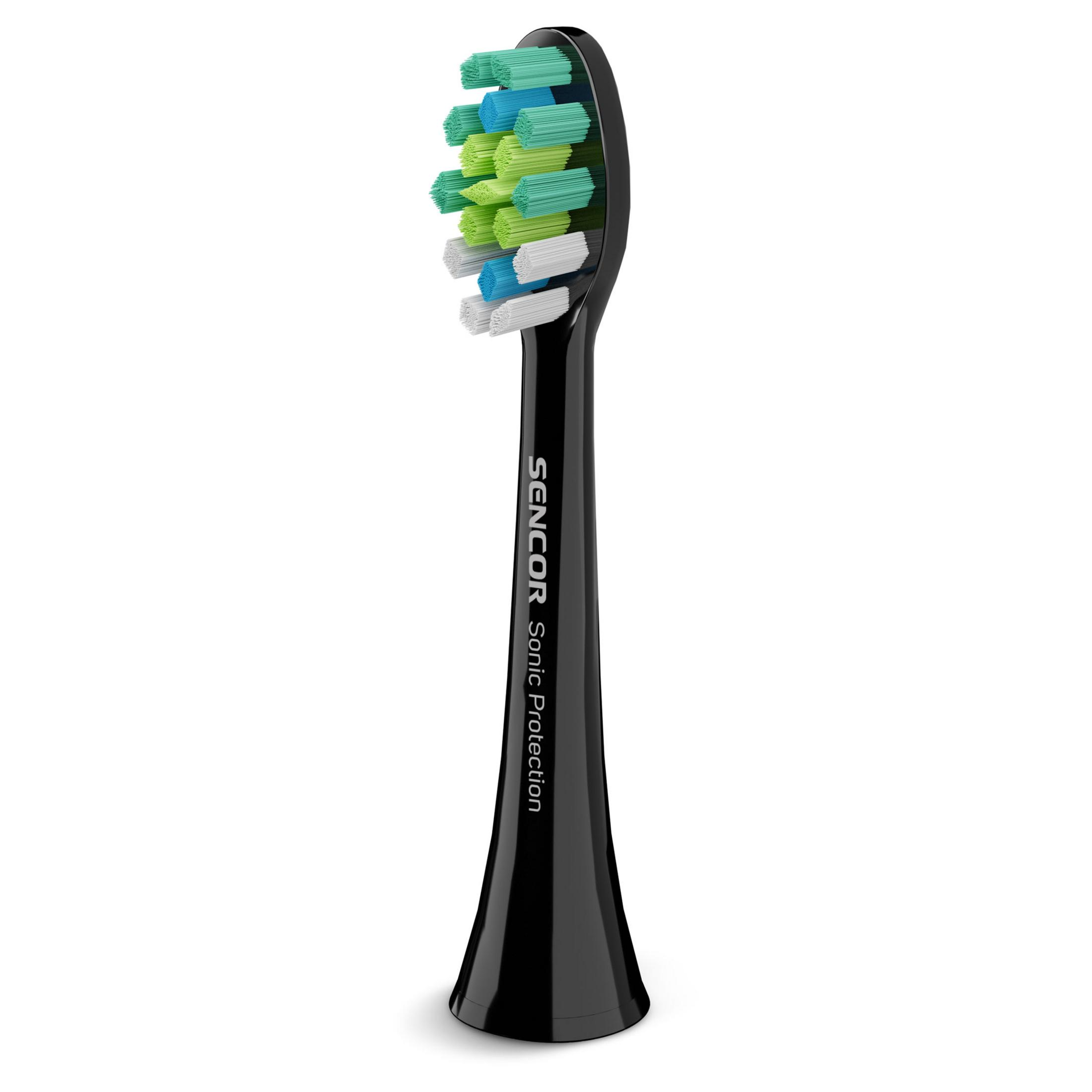 Testina spazzolino Sencor Sonic Protection nera con setole verdi, blu e bianche.