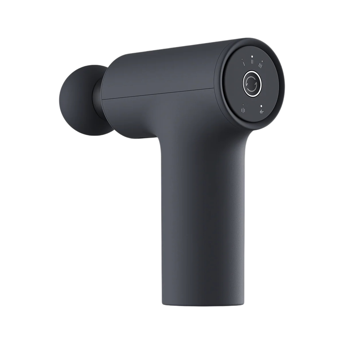Ciemny pistolet do masażu z okrągłą głowicą i interfejsem sterowania na białym tle.