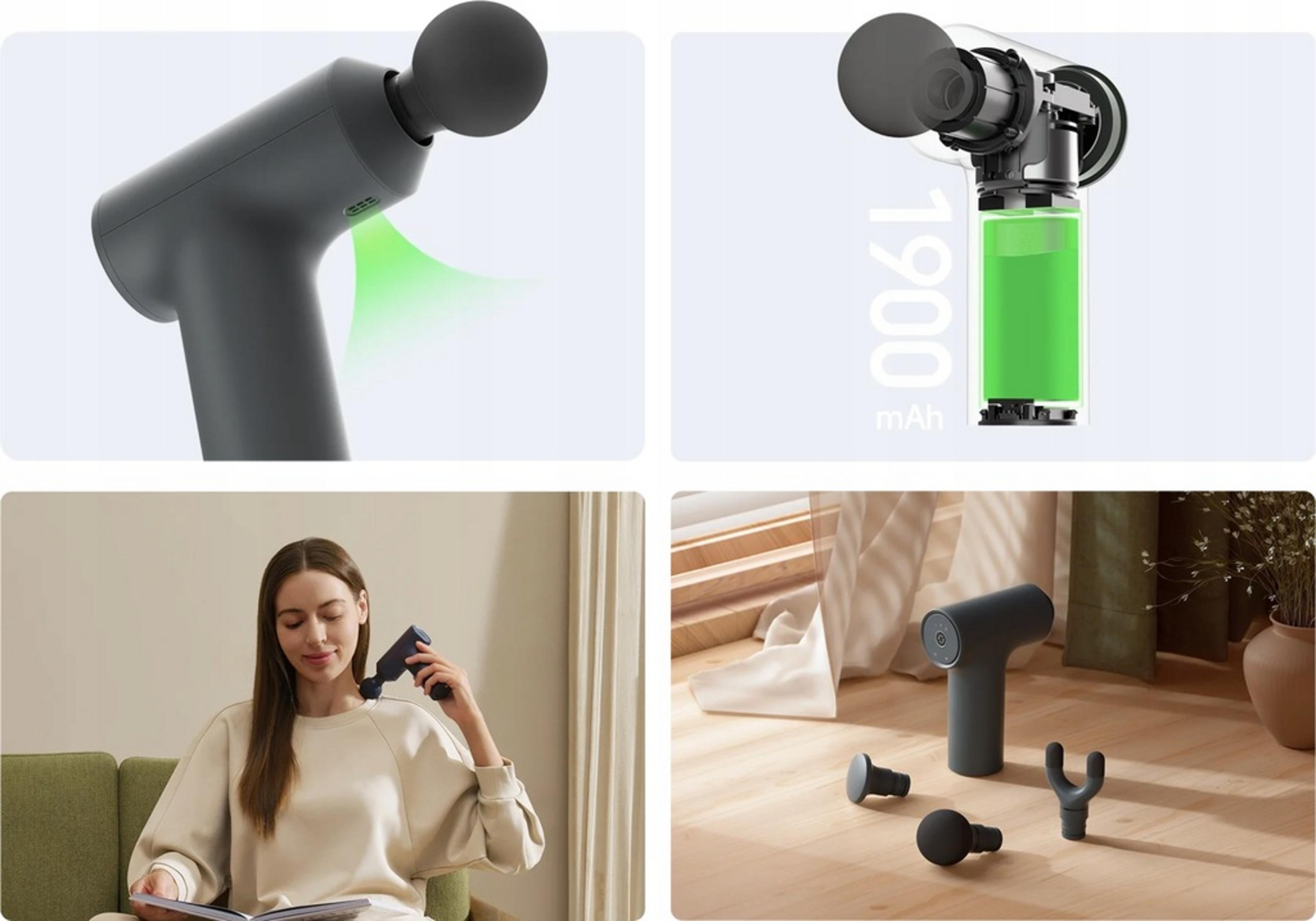 Trzy zdjęcia pokazują pistolet do masażu: zbliżenie, z wskaźnikiem baterii, w użyciu i na podłodze.