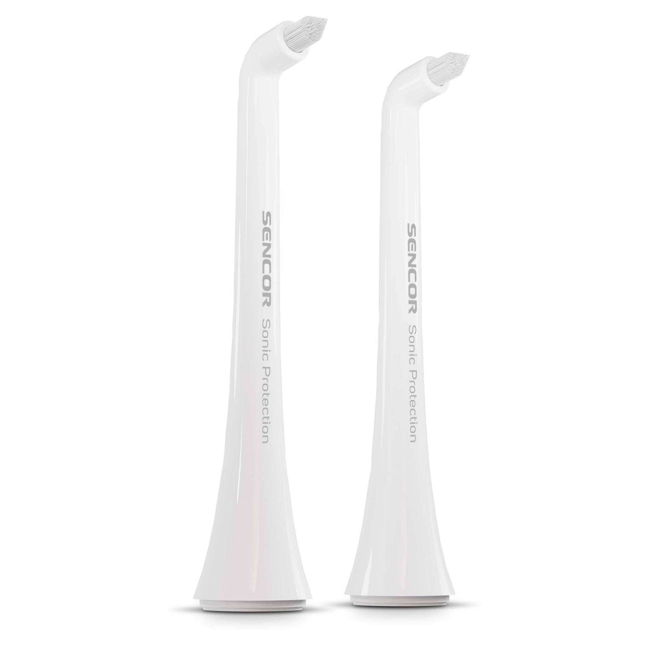 Due testine per spazzolino SENCOR Sonic Protection bianche su sfondo bianco.