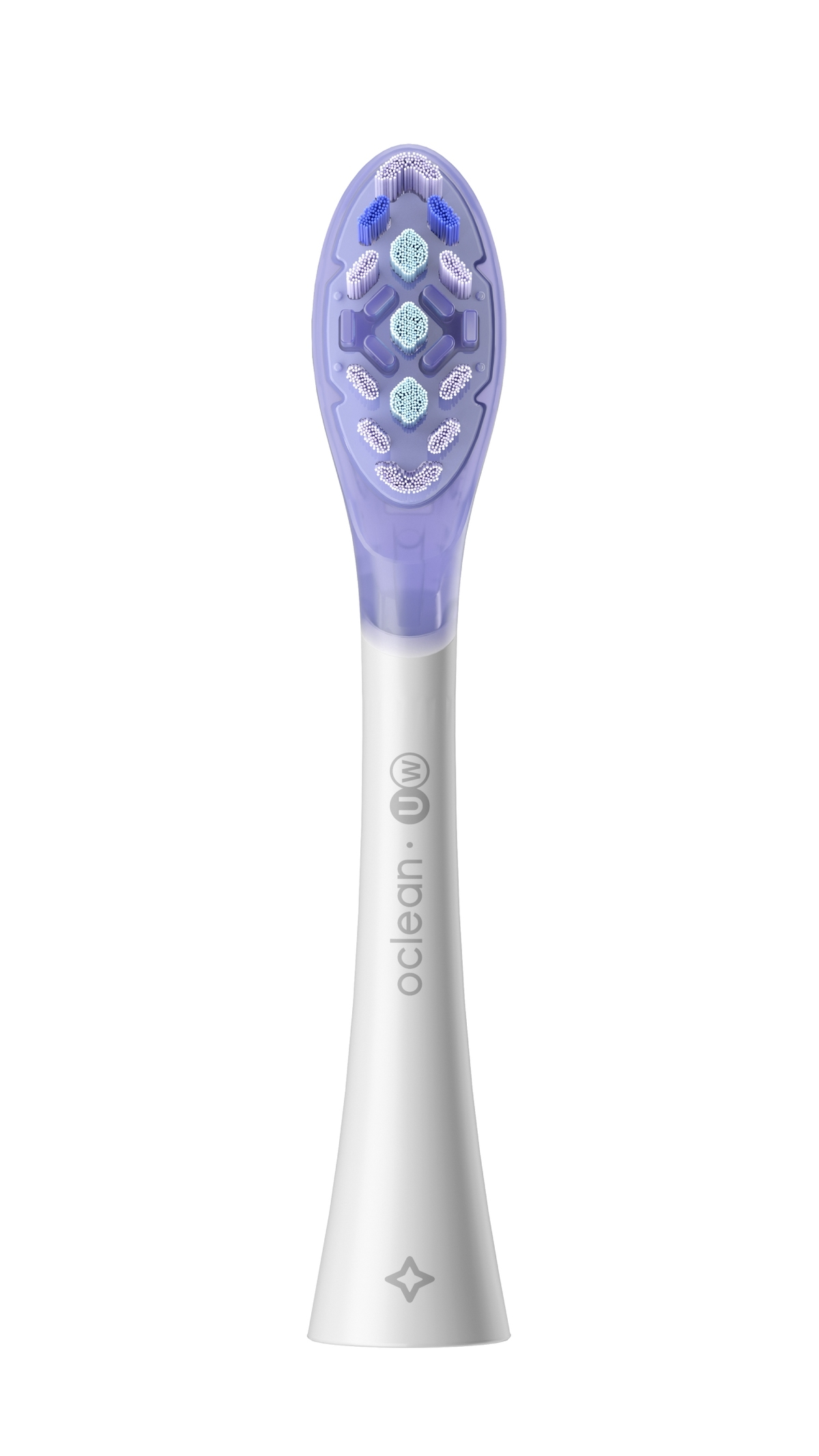 Primo piano di un manico di spazzolino elettrico bianco con accenti e setole viola.