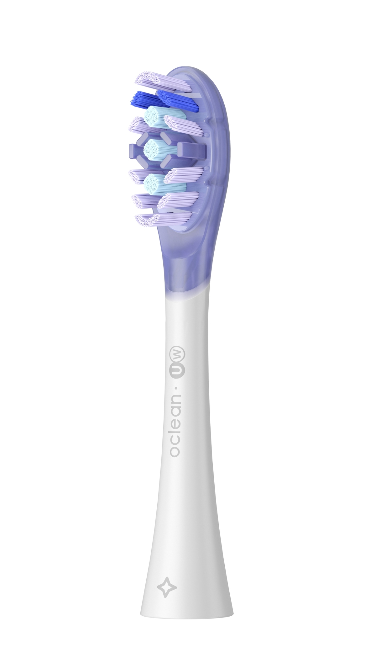 Una testina di spazzolino bianca con setole viola e blu e accenti viola.