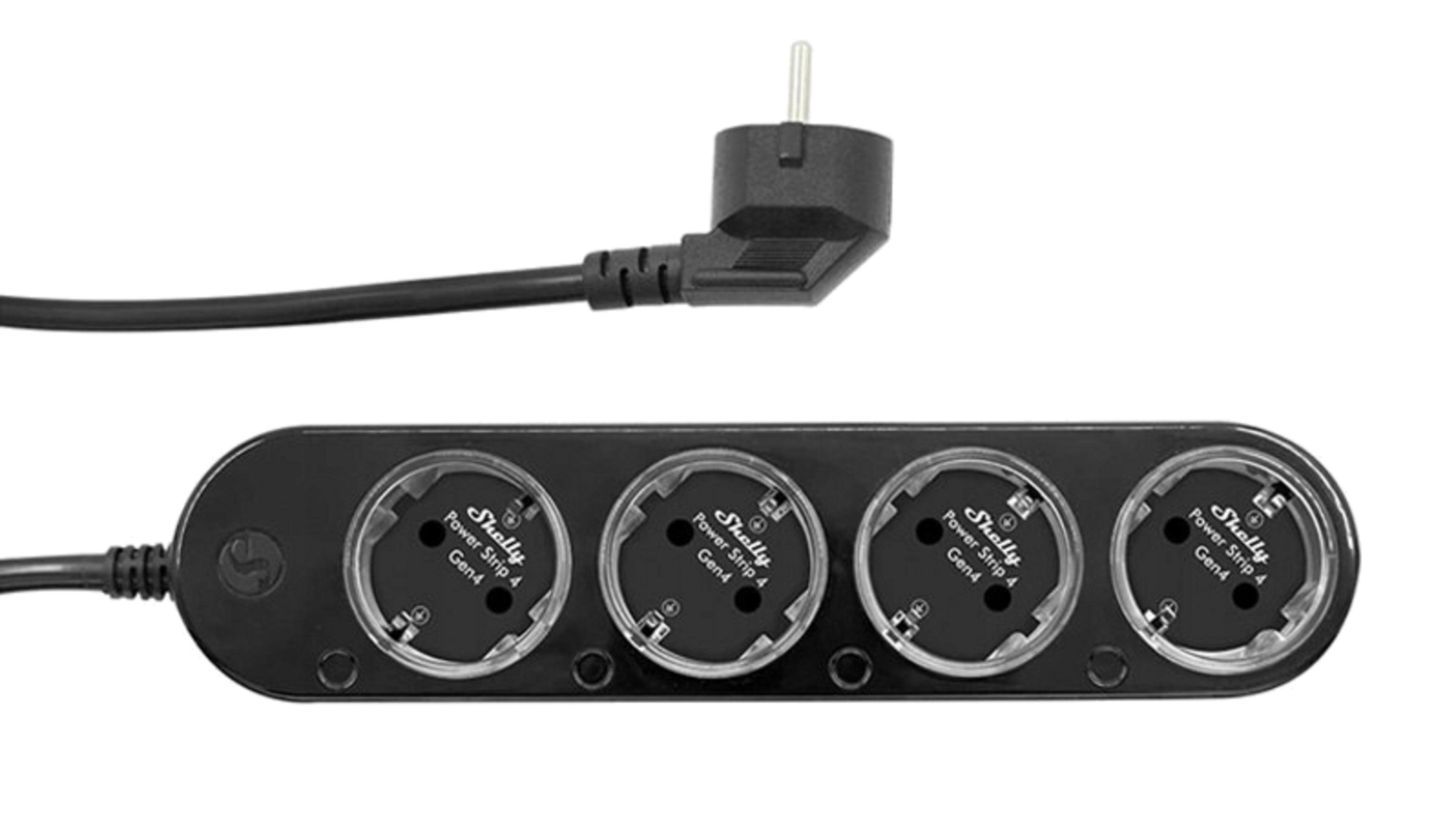 Czarna listwa zasilająca z 4 gniazdami i wtyczką kątową.