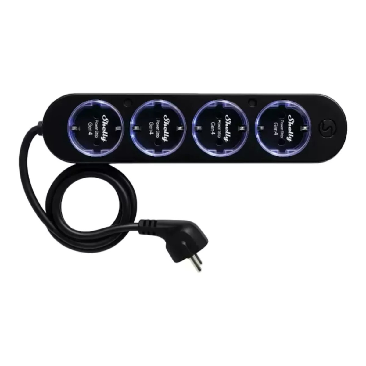 Czarna listwa zasilająca Shelly Power Strip Gen4 z czterema gniazdami, każde opisane, oraz kablem zasilającym z wtyczką, na białym tle.