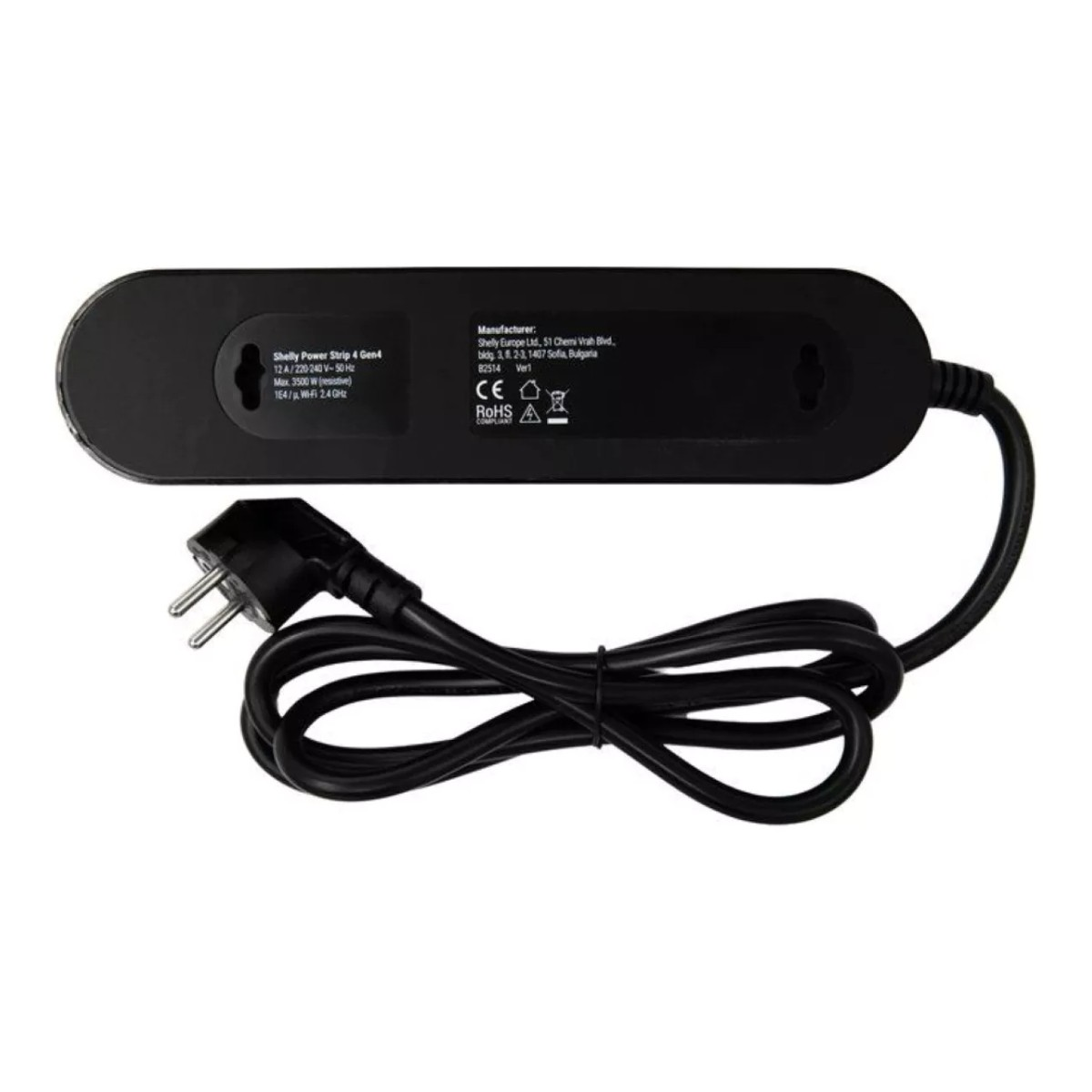 Czarna listwa zasilająca Shelly Power Strip 4 Gen4 z wtyczką i kablem.