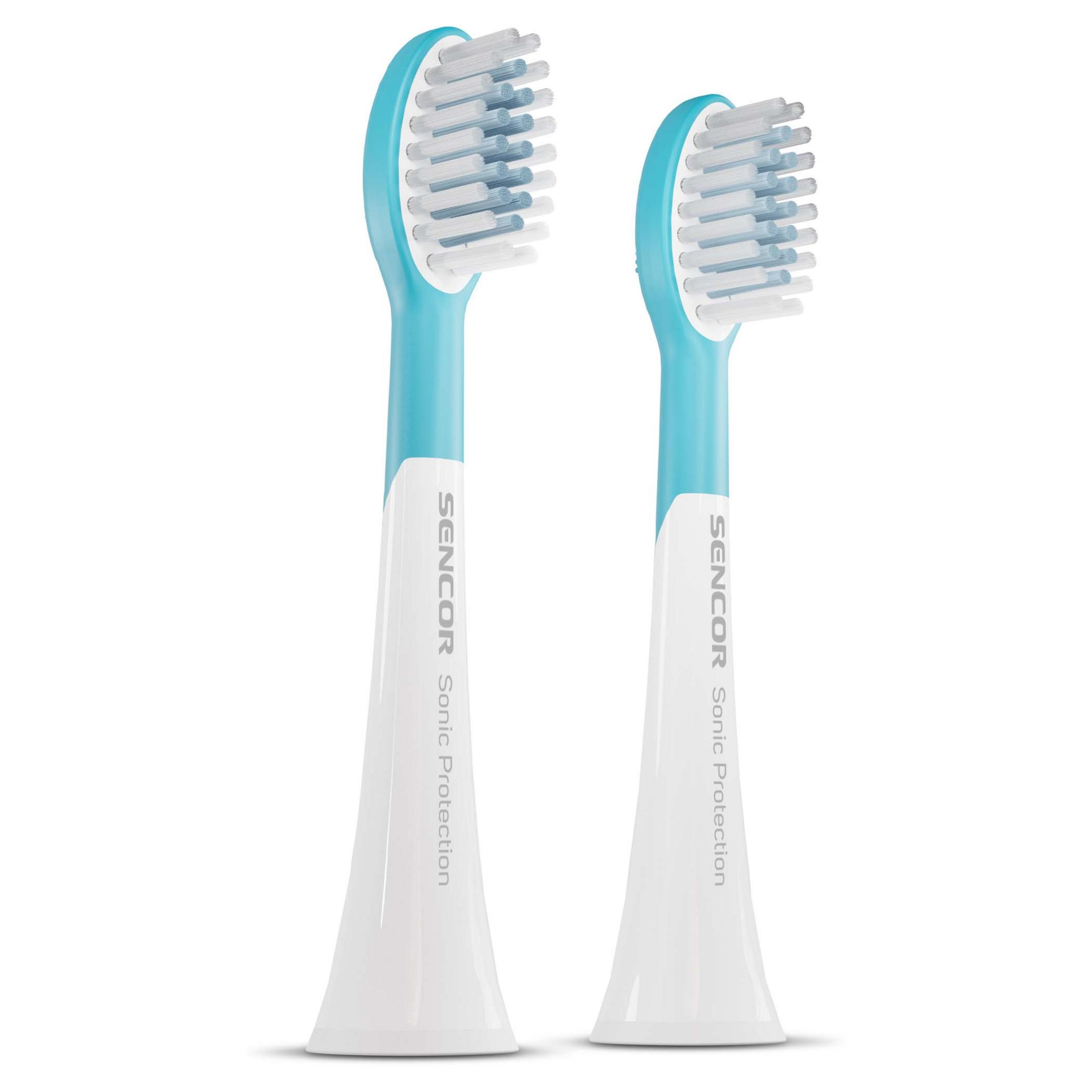 Due testine per spazzolino bianche e turchesi con testo SENCOR Sonic Protection.