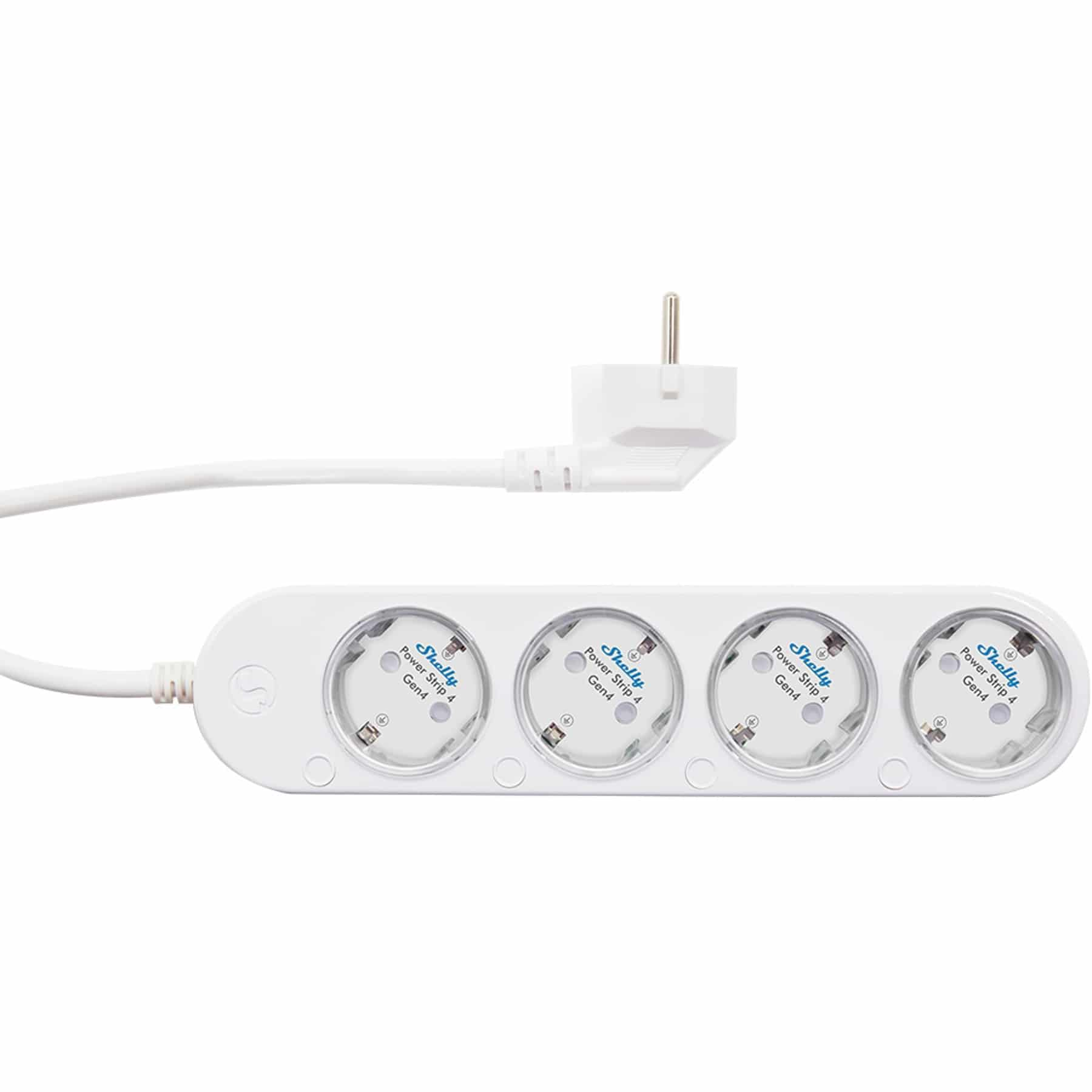 Biała listwa zasilająca Shelly Power Strip 4 Gen4 z wtyczką Euro na białym tle.