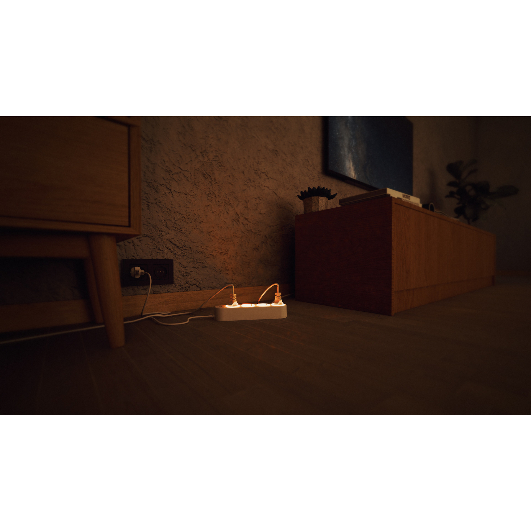 Biała listwa zasilająca z dwoma pomarańczowymi kablami na drewnianej podłodze.