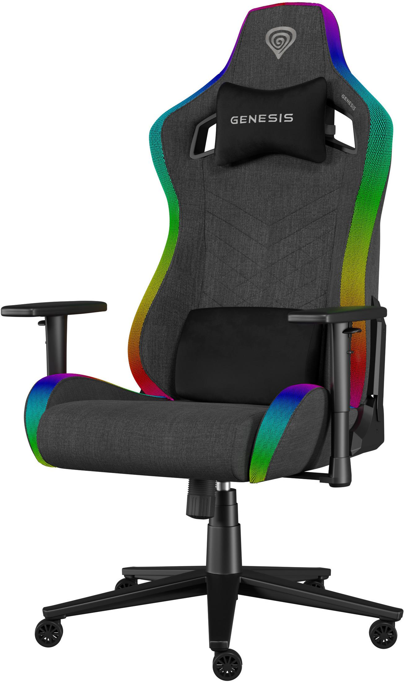 Grauer Gamingstuhl mit Regenbogen-LED-Akzenten, schwarzem Kissen und Logo.